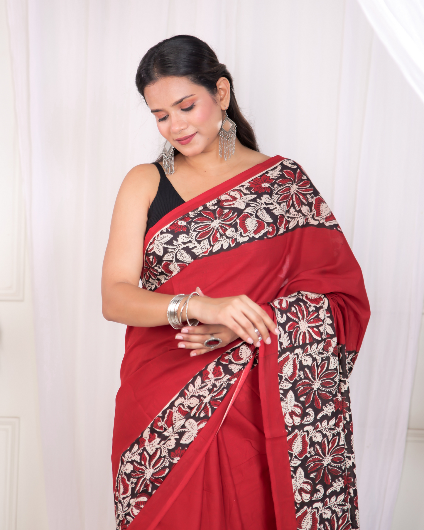 Mudran Hot Red Blockprinted Mulmul Saree