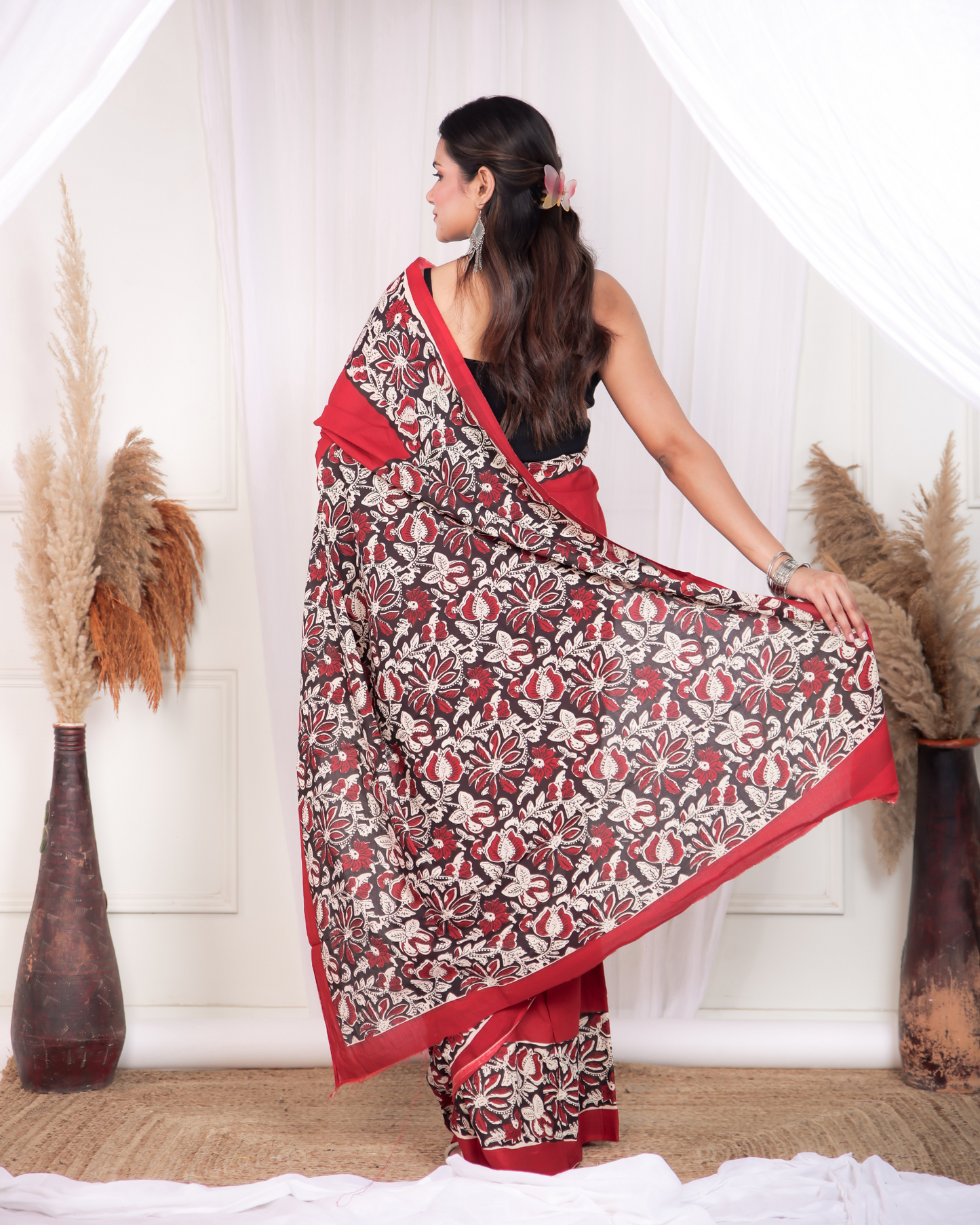 Mudran Hot Red Blockprinted Mulmul Saree