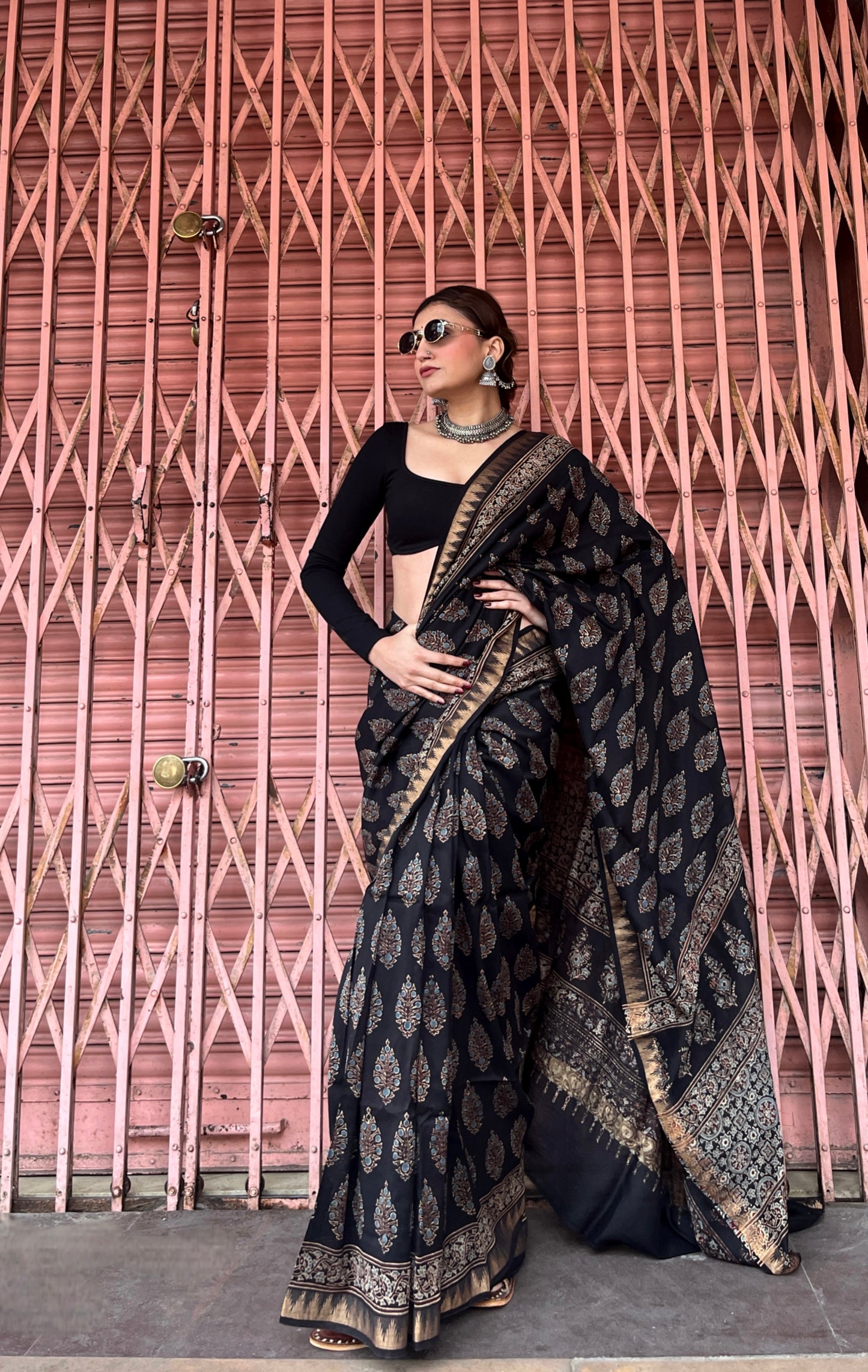 Varnika Ajrakh Noir Saree