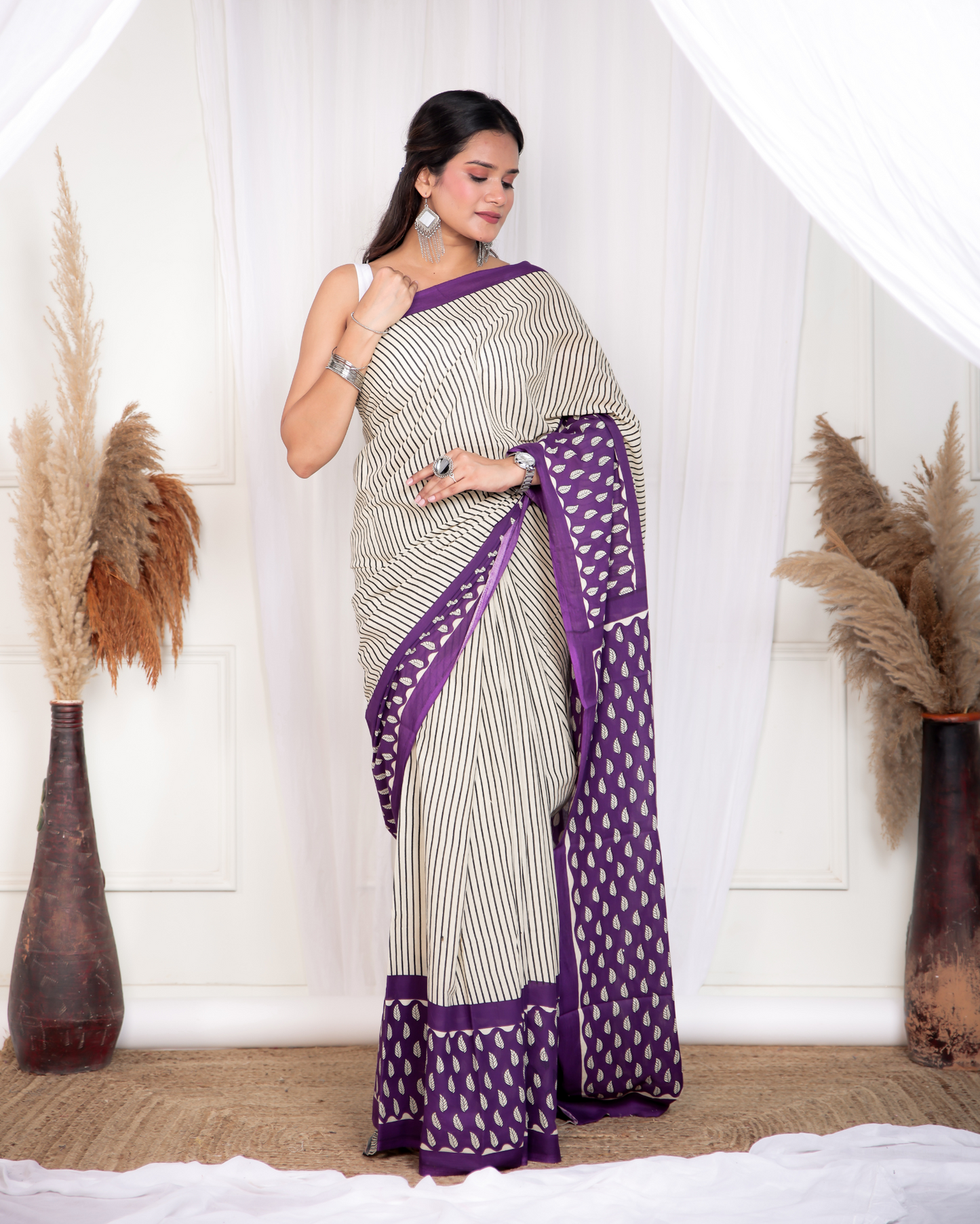 Mudran Grey Purple Striped Mulmul Saree