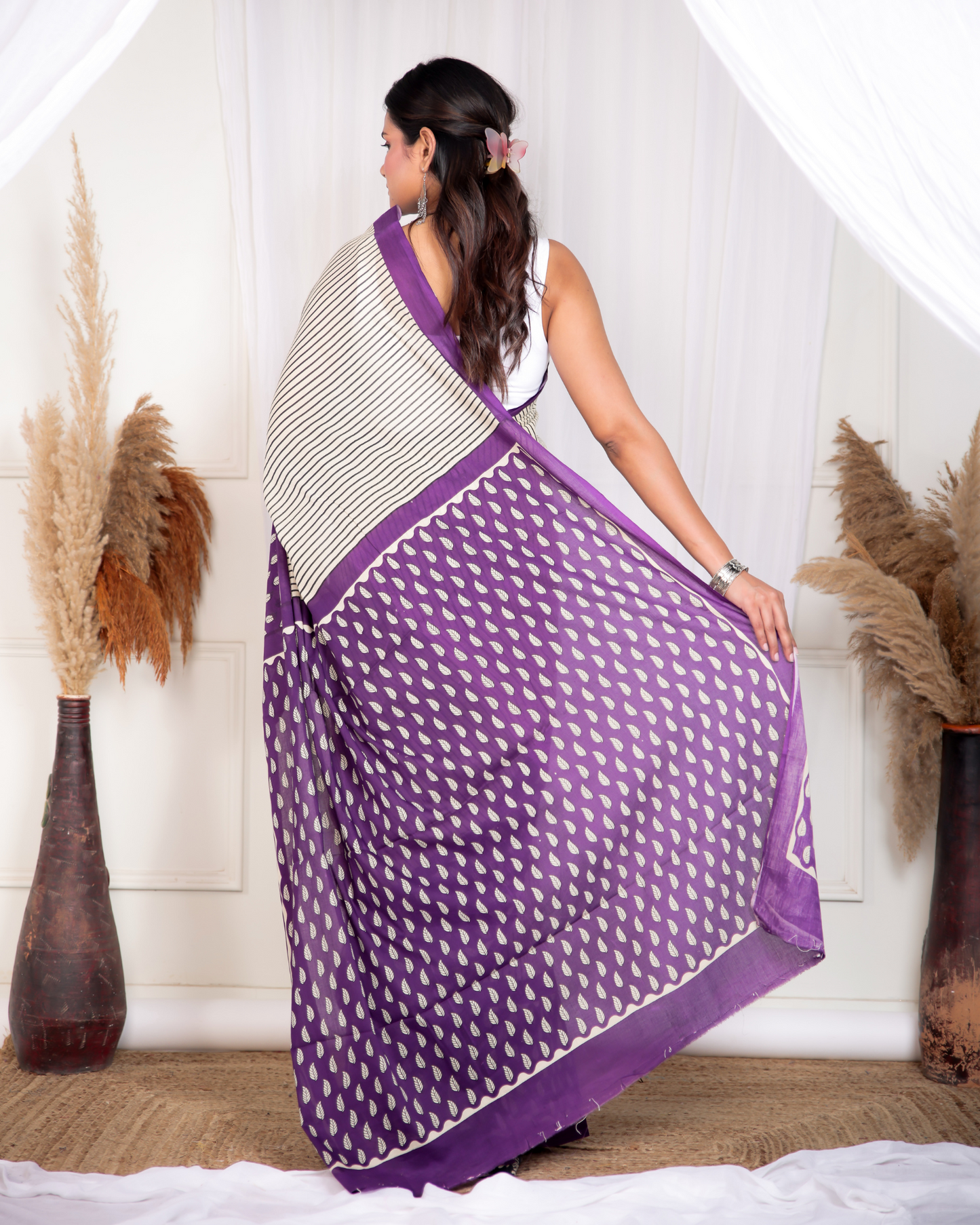 Mudran Grey Purple Striped Mulmul Saree