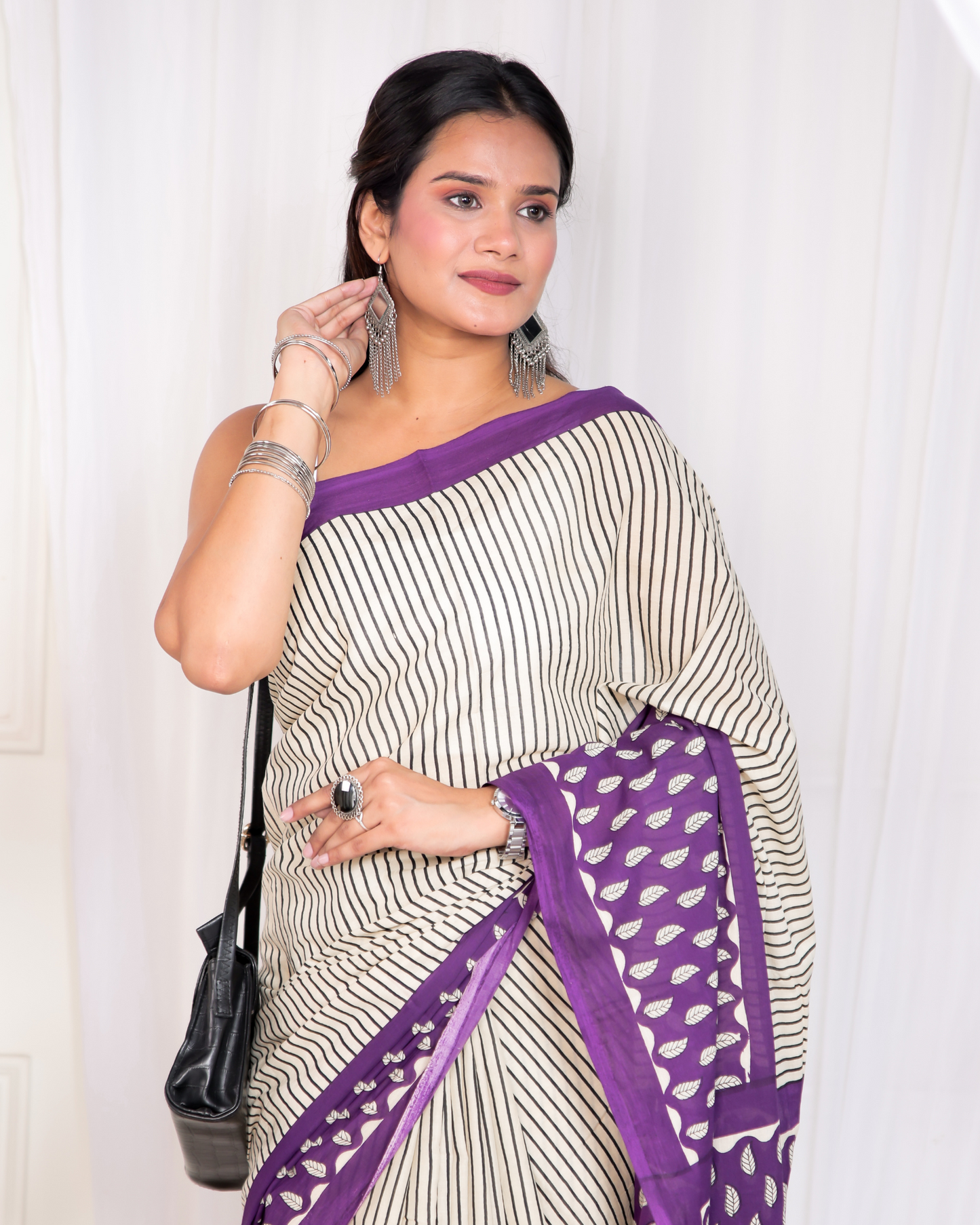Mudran Grey Purple Striped Mulmul Saree
