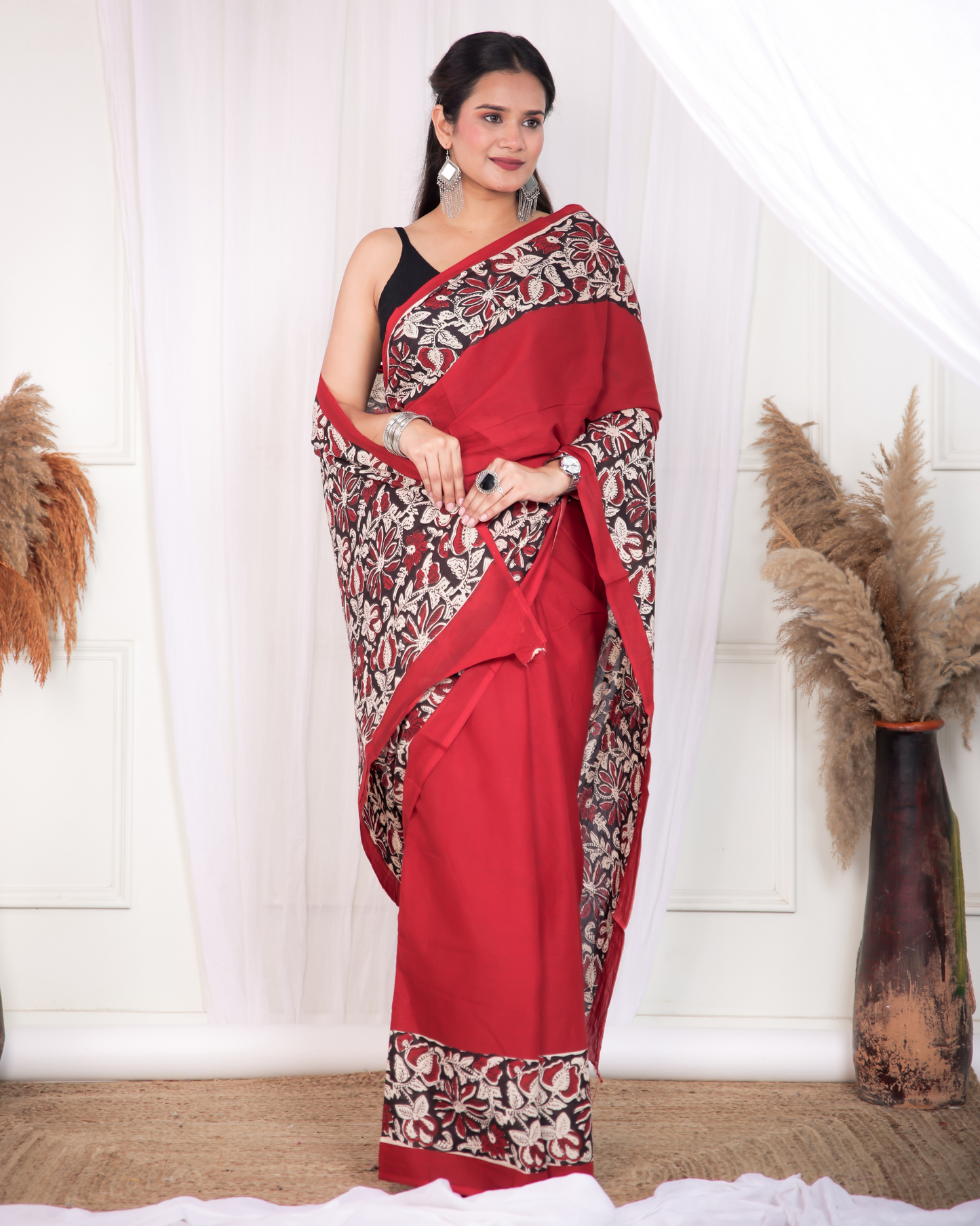 Mudran Hot Red Blockprinted Mulmul Saree