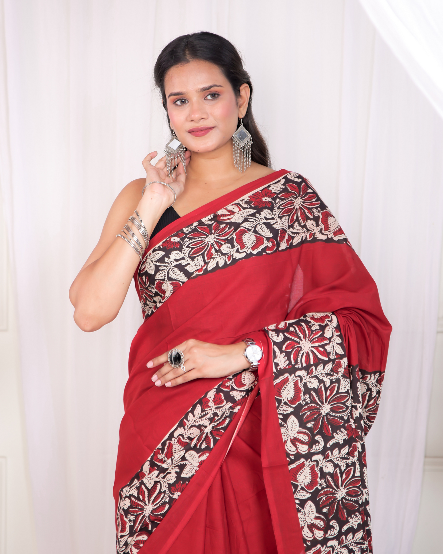 Mudran Hot Red Blockprinted Mulmul Saree