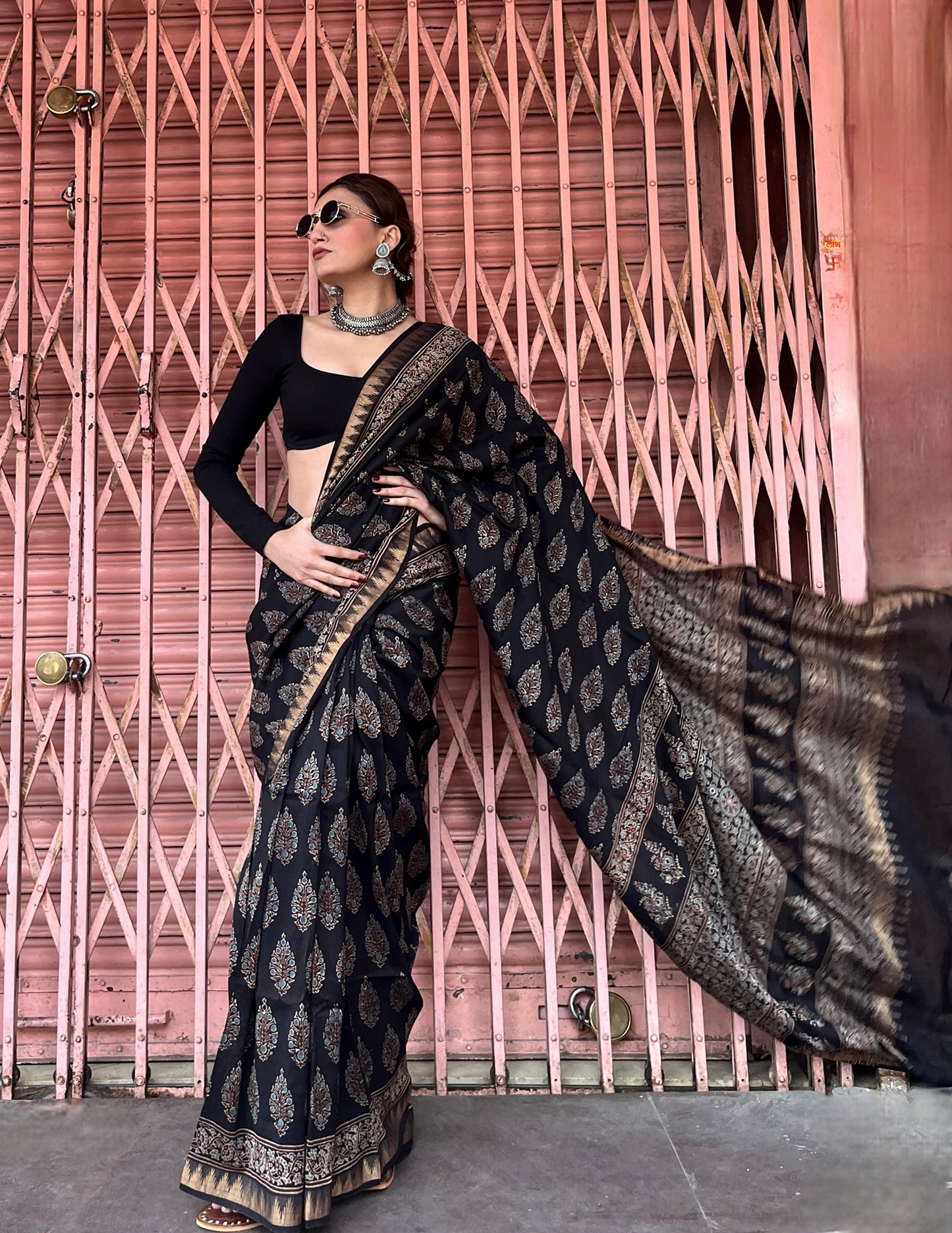 Varnika Ajrakh Noir Saree