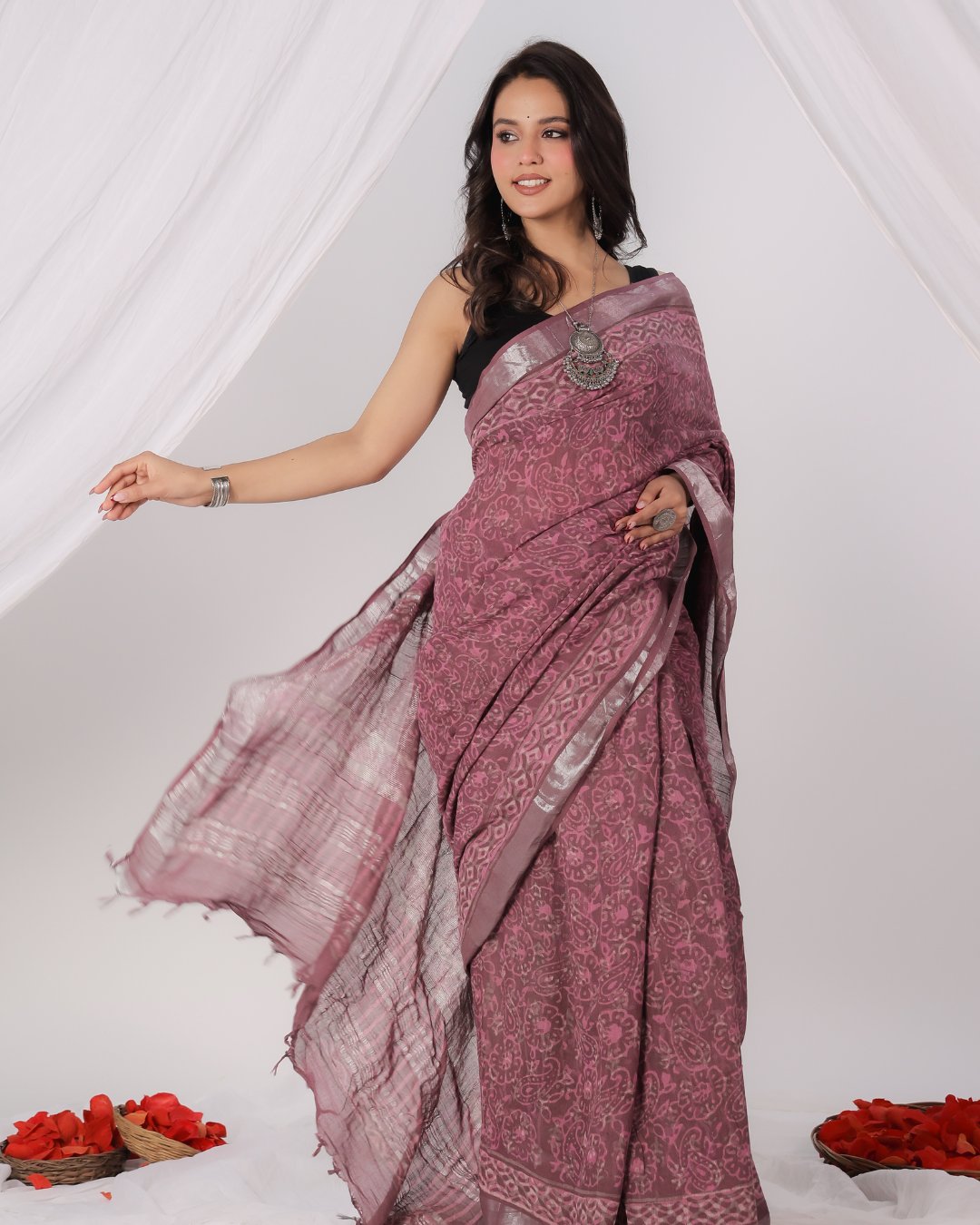 Linen Cotton Handblock Printed Saree