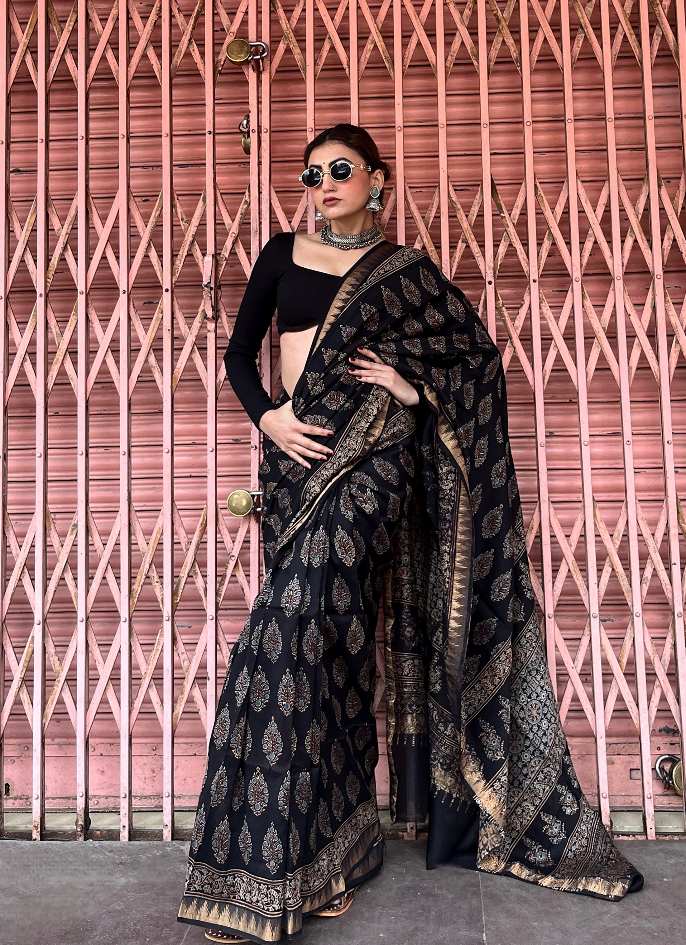 Varnika Ajrakh Noir Blockprinted Saree