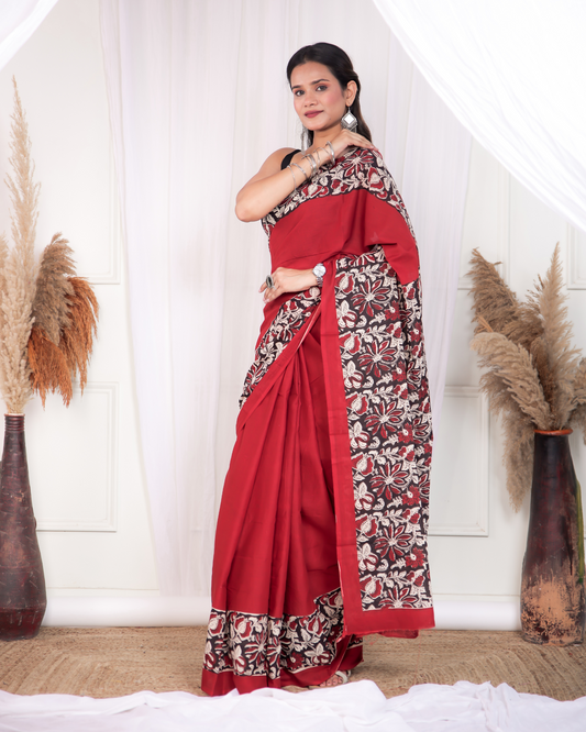 Mudran Hot Red Blockprinted Mulmul Saree