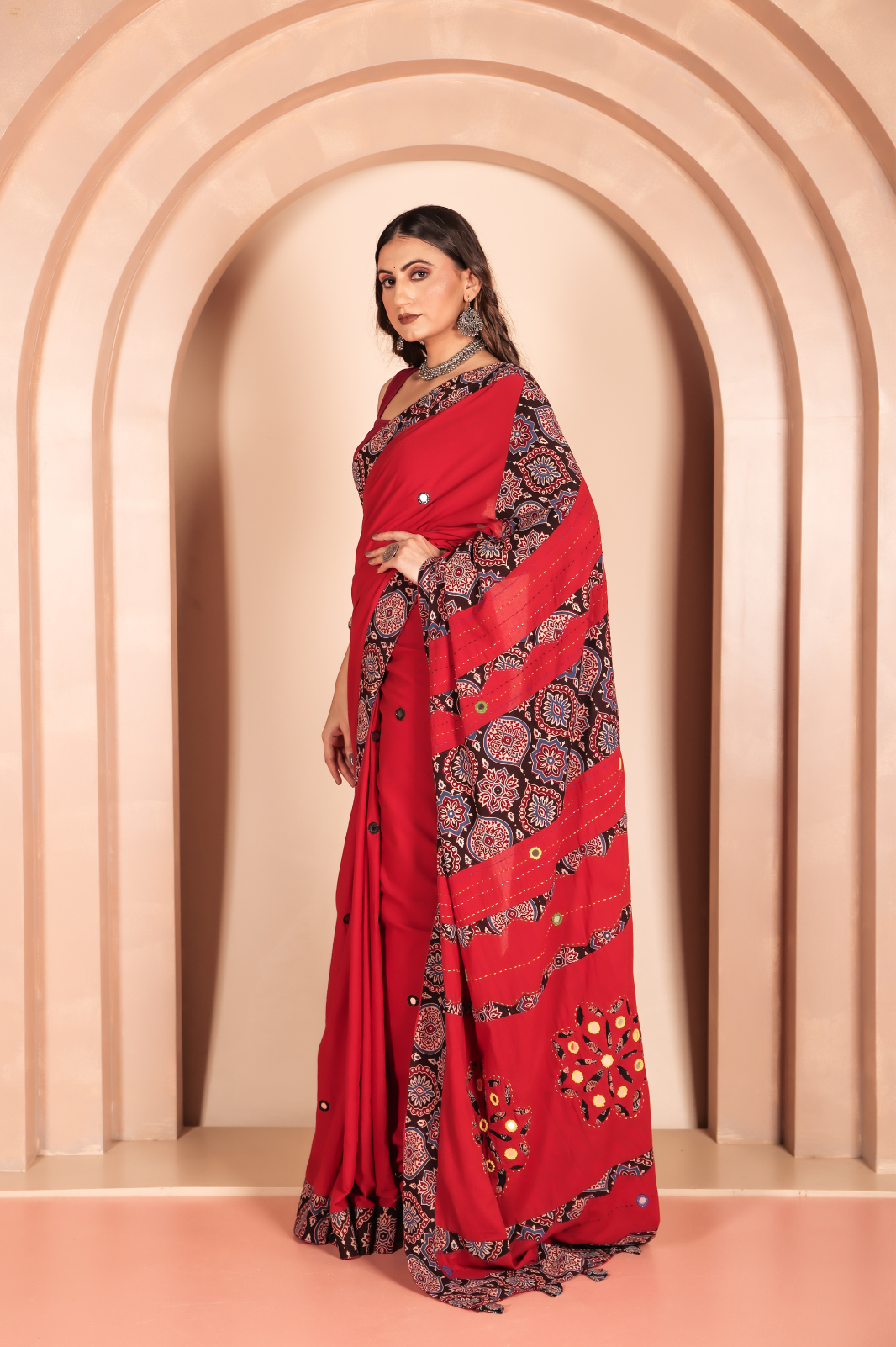 Cotton Applique work saree red