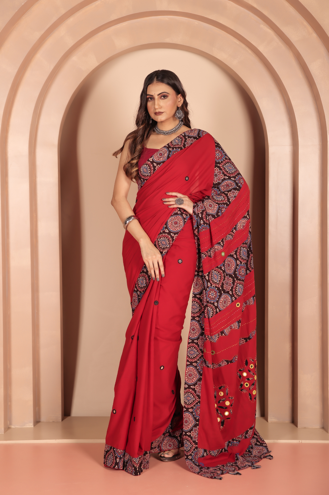 Cotton Applique work saree red