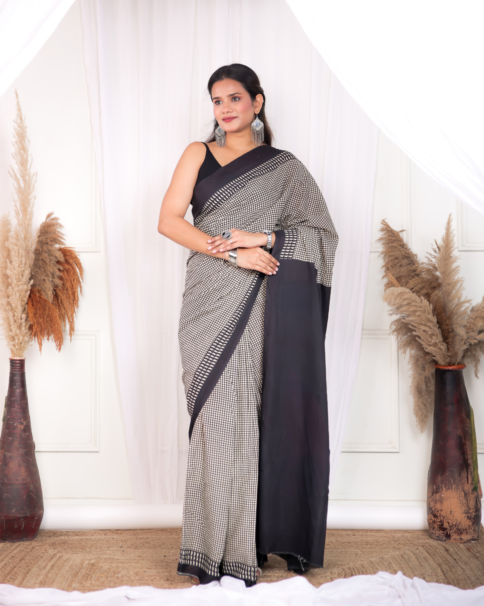 Black Checkered Mulmul Saree