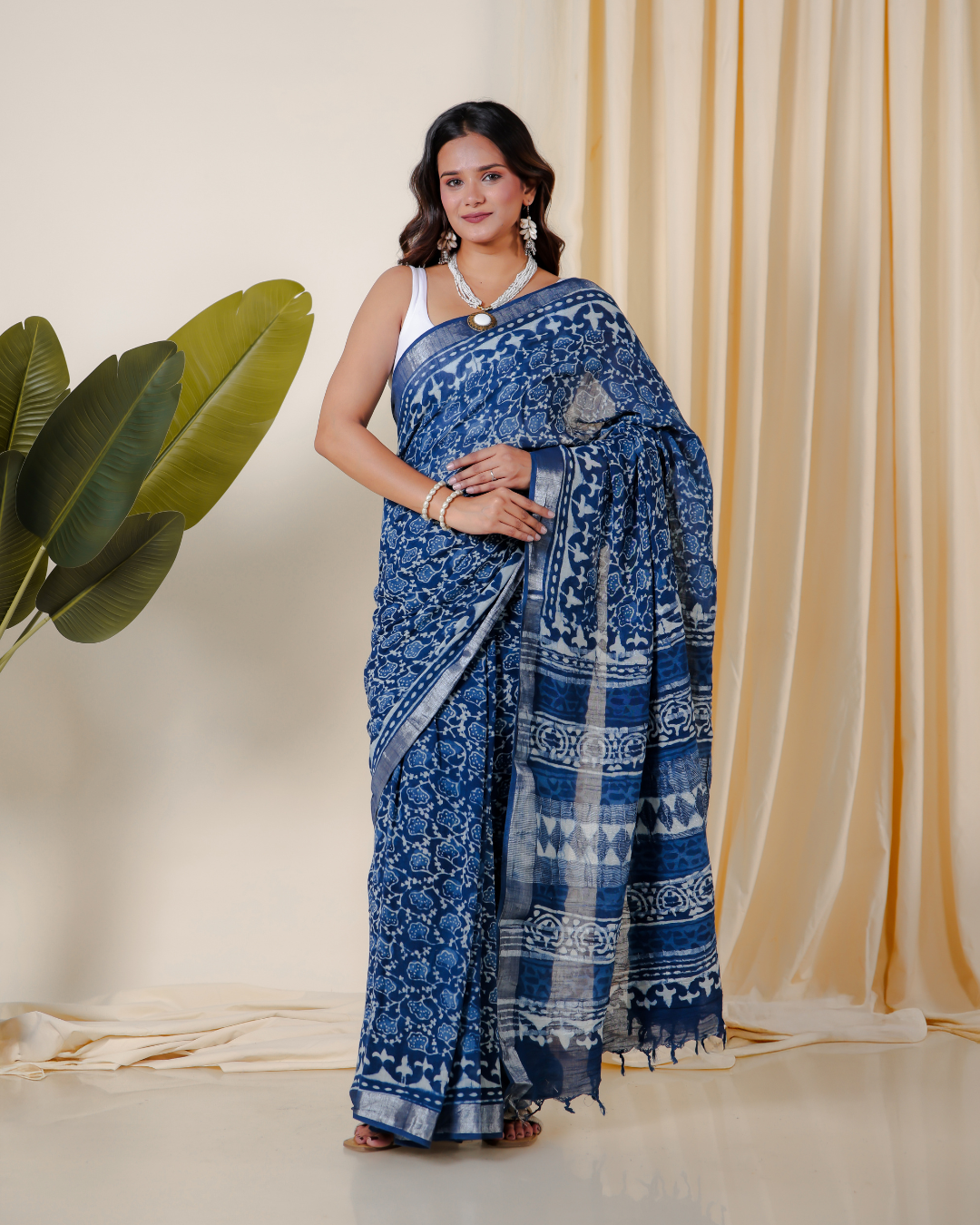 Blue Lotus Handblock Print Saree