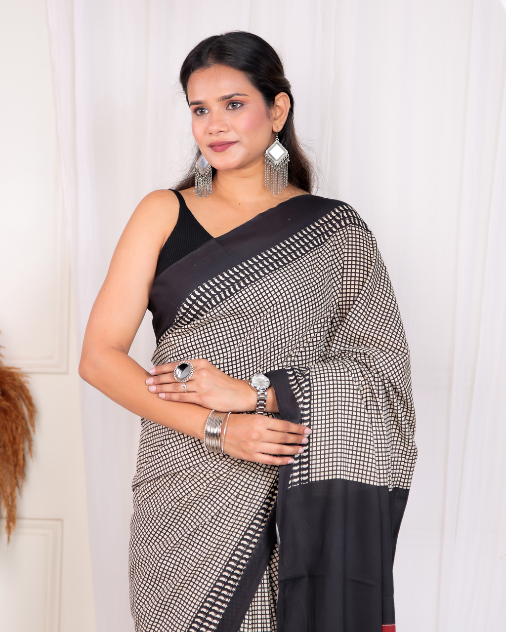 Black Checkered Mulmul Saree