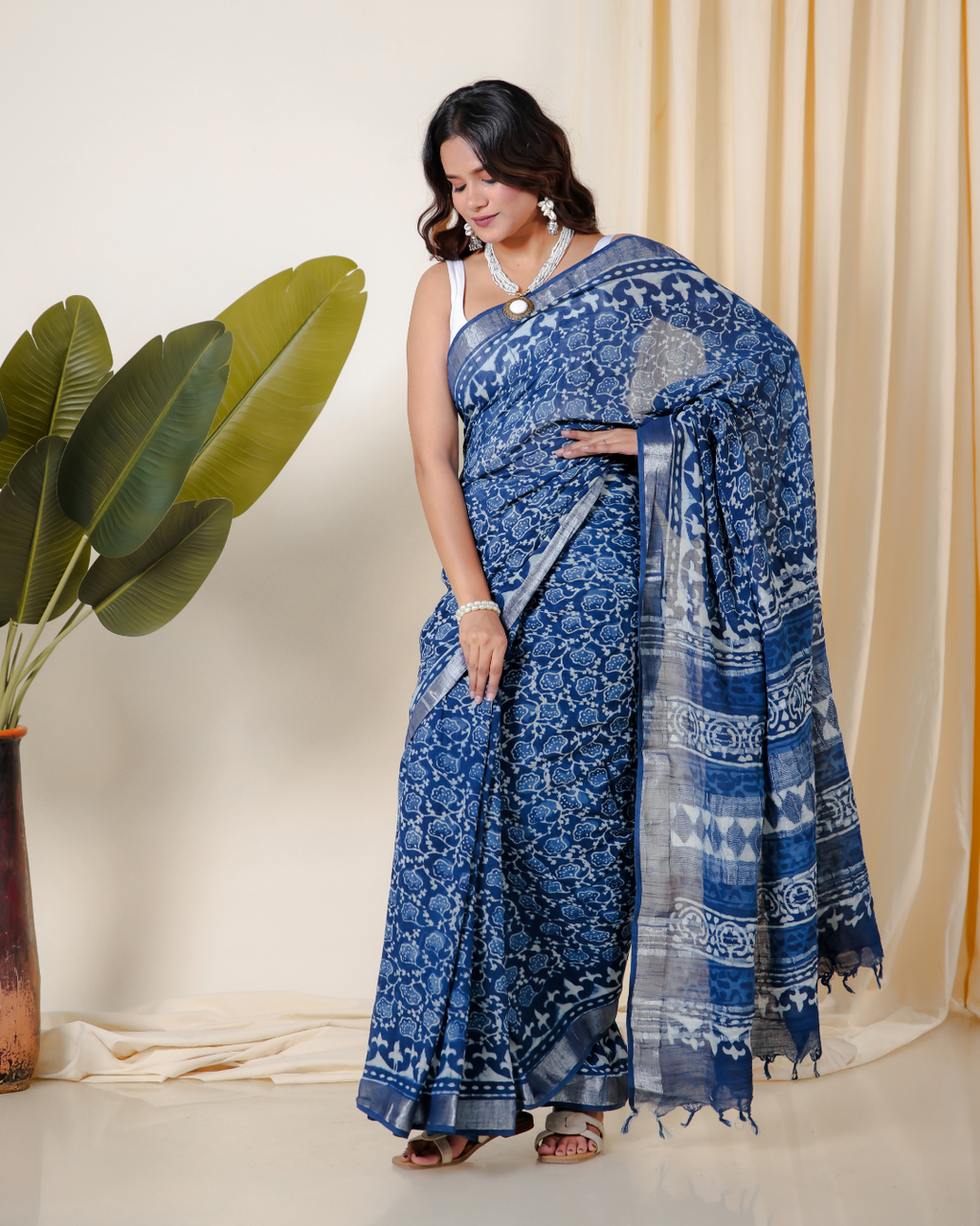 Blue Lotus Handblock Print Saree