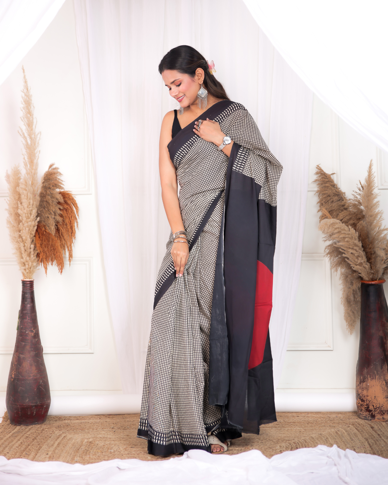 Black Checkered Mulmul Saree