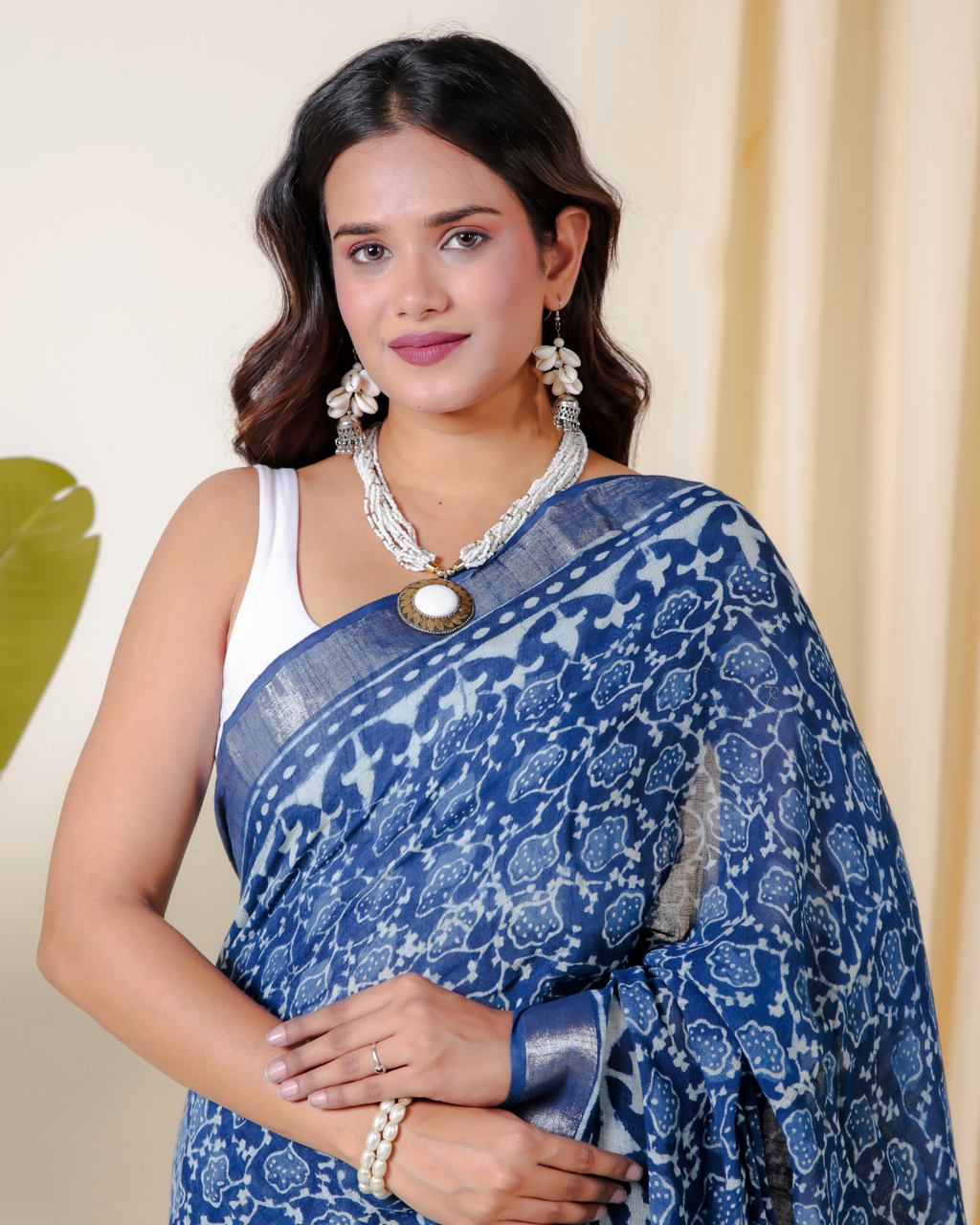 Blue Lotus Handblock Print Saree