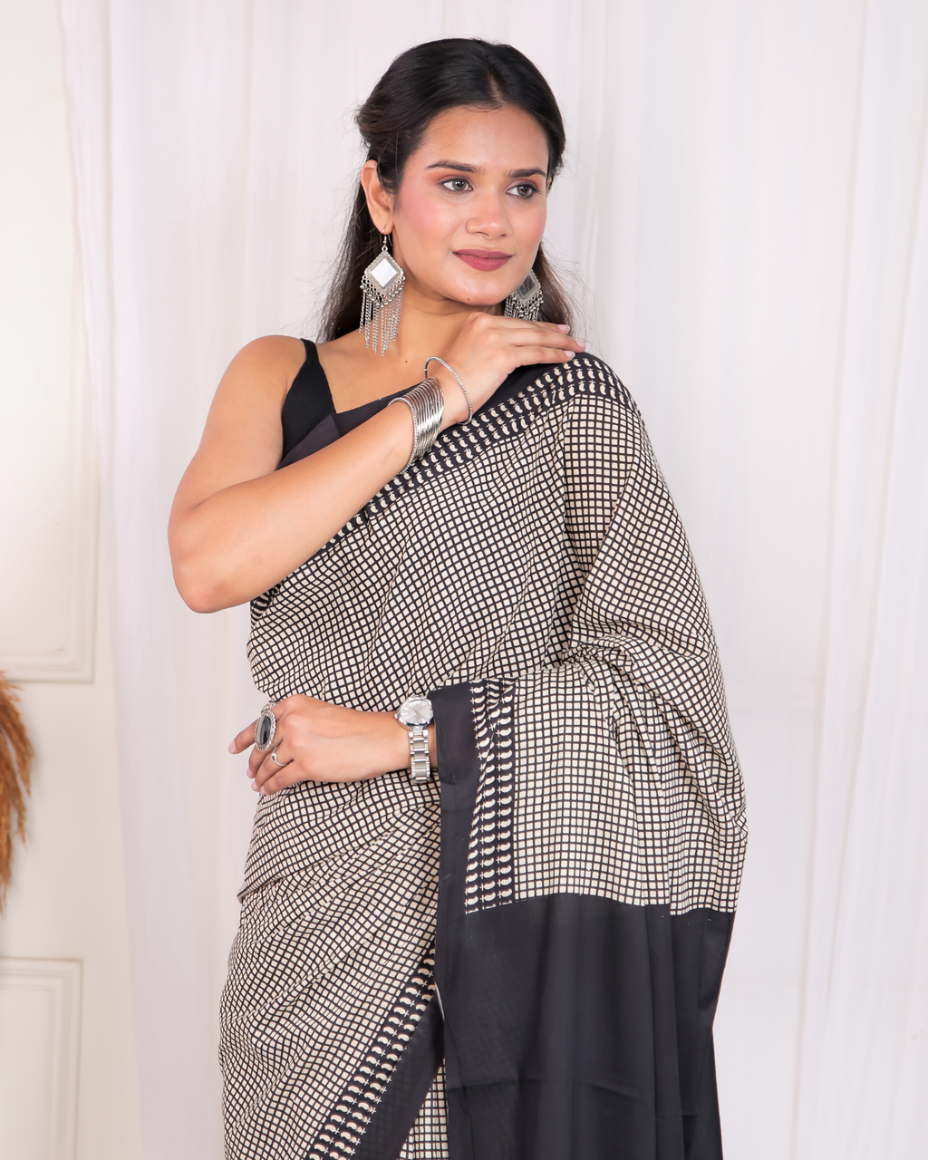 Black Checkered Mulmul Saree