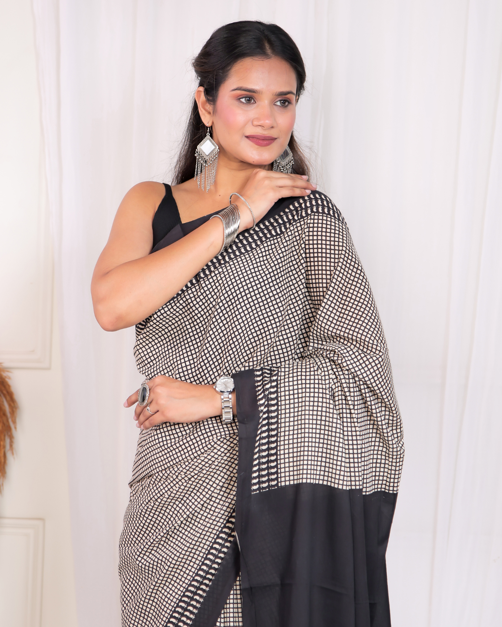 Black Checkered Mulmul Saree