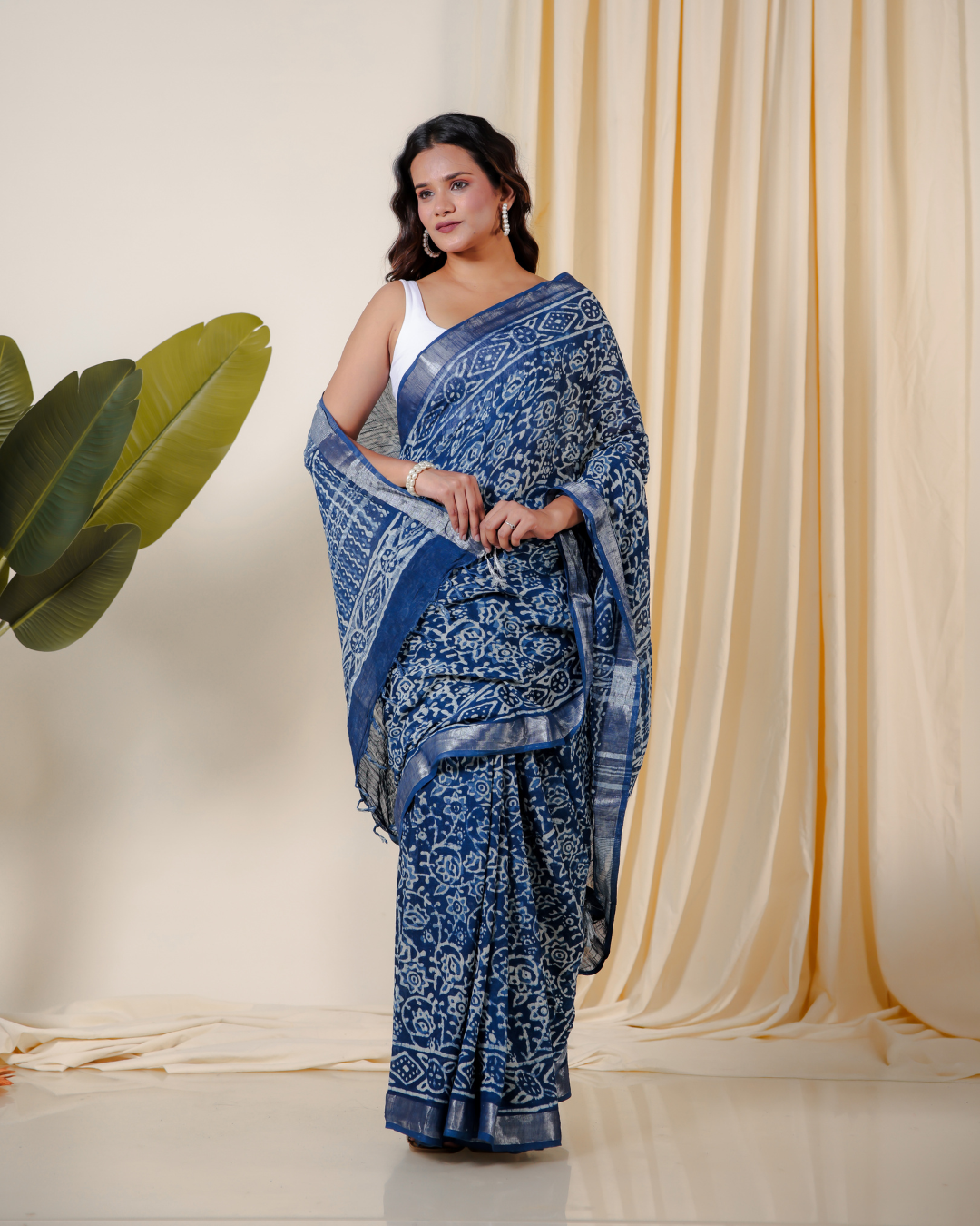 Blue Lotus Handblock Print Saree
