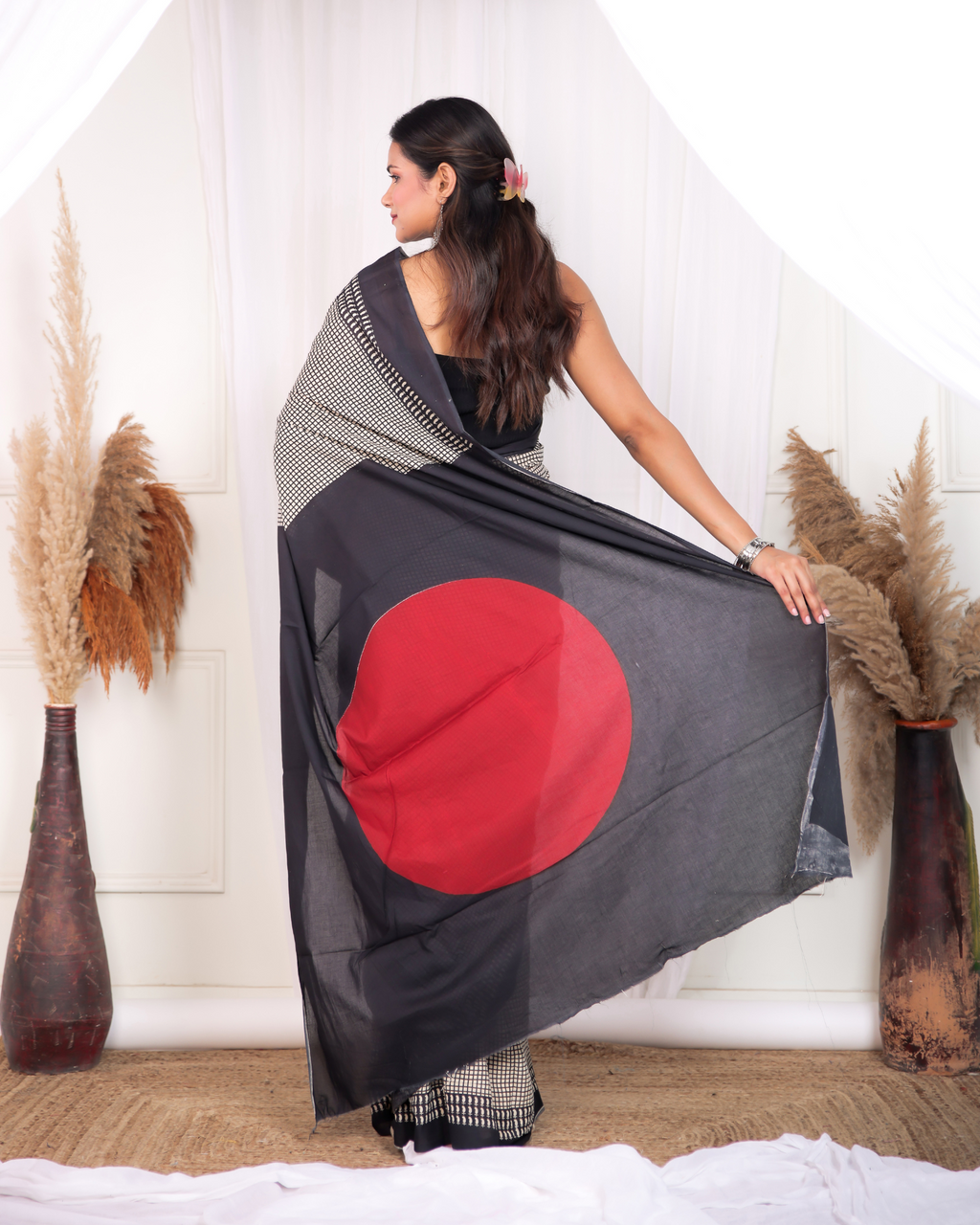 Black Checkered Mulmul Saree