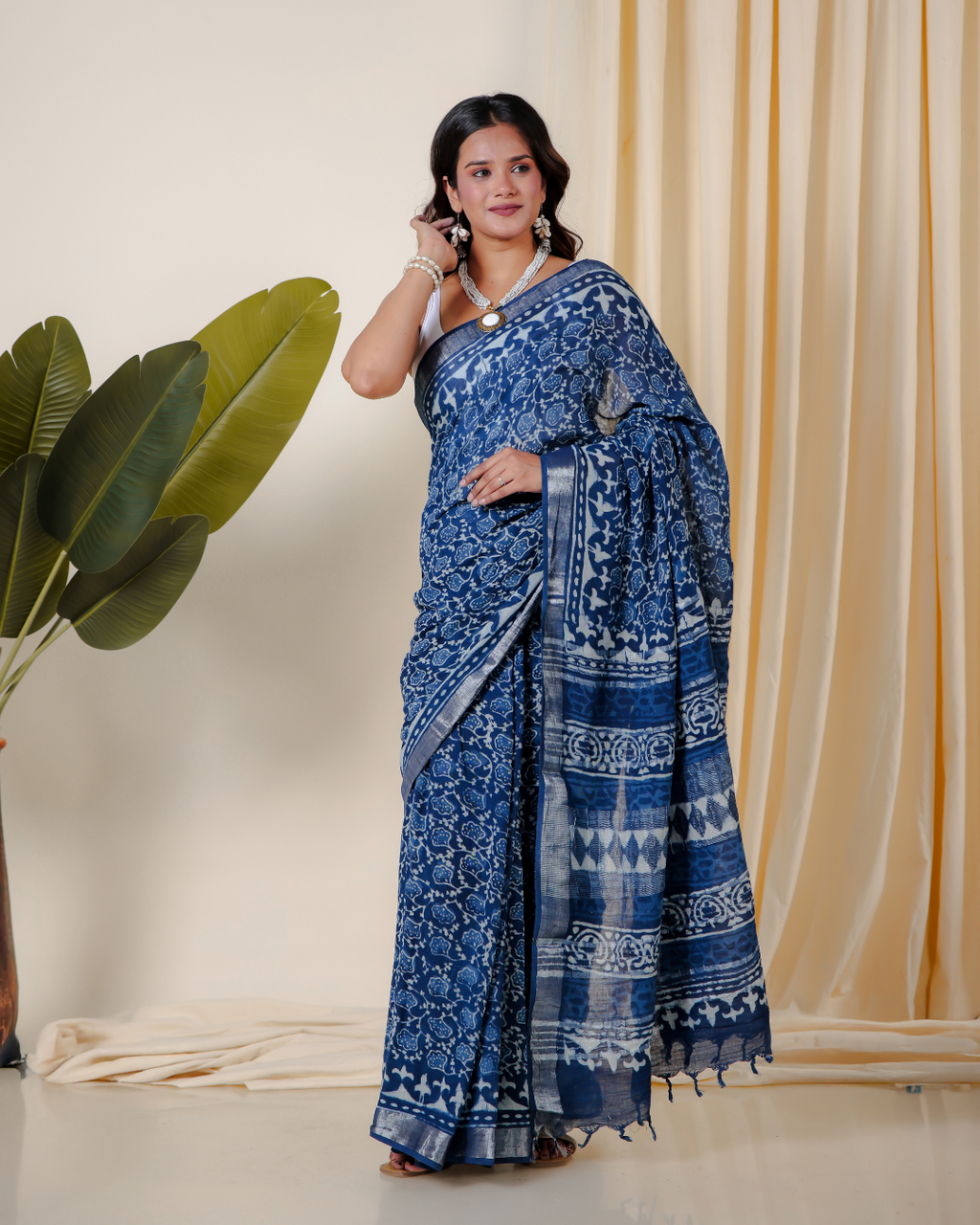 Blue Lotus Handblock Print Saree