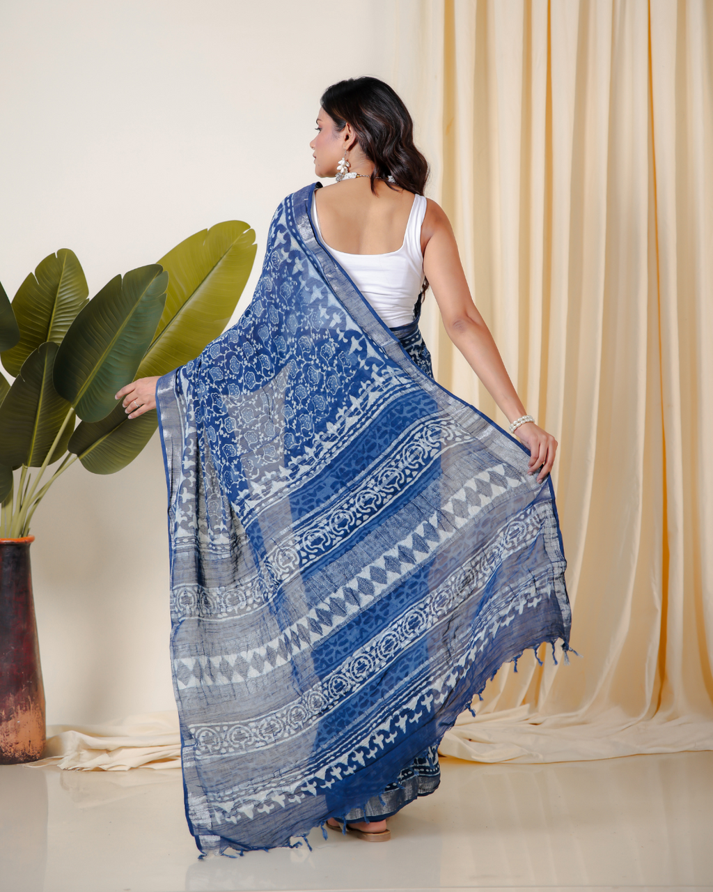 Blue Lotus Handblock Print Saree