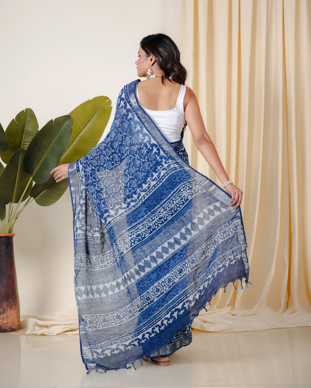 Blue Lotus Handblock Print Saree