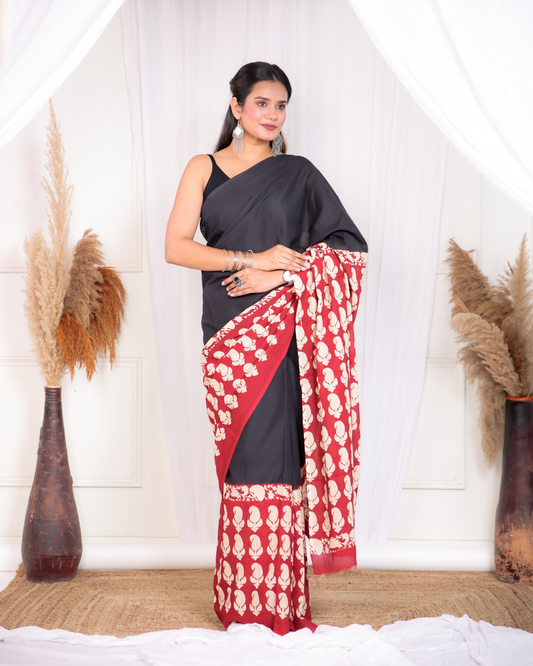 Mudran Floral Buti Blockprinted Mulmul Saree