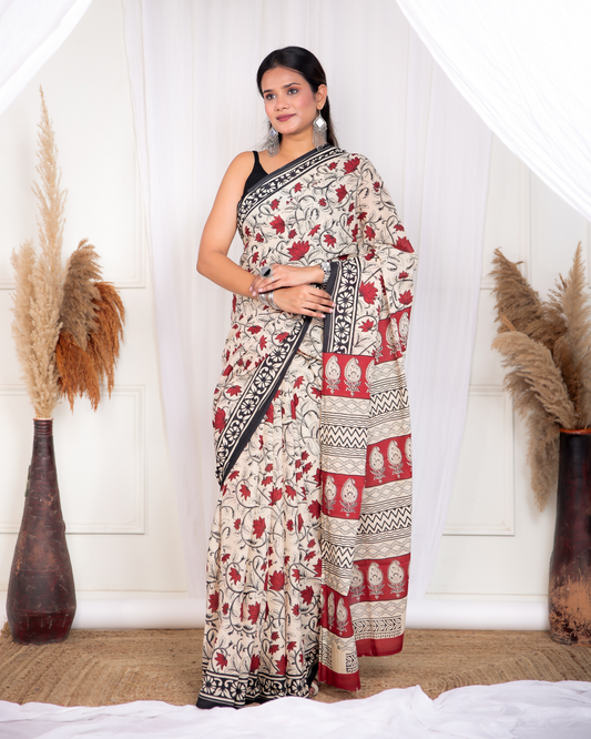 Mudran Red Petal Blockprinted Mulmul Saree