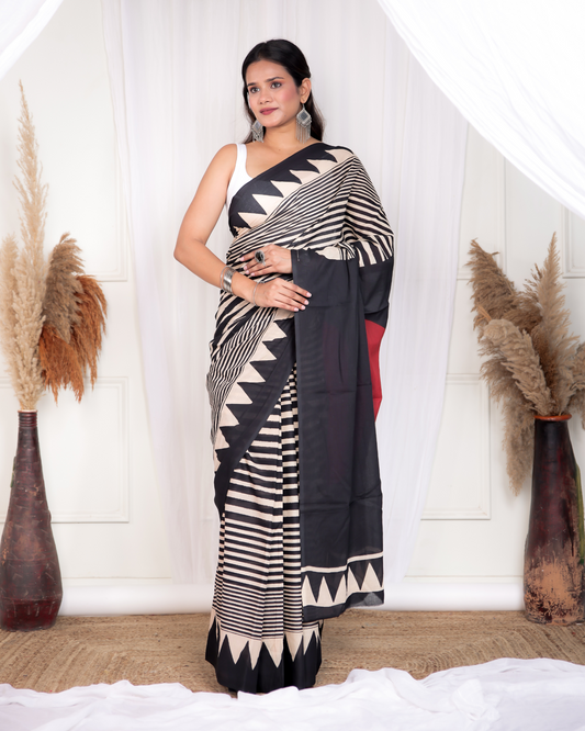 Mudran Black Striped Blockpinted Mulmul Saree