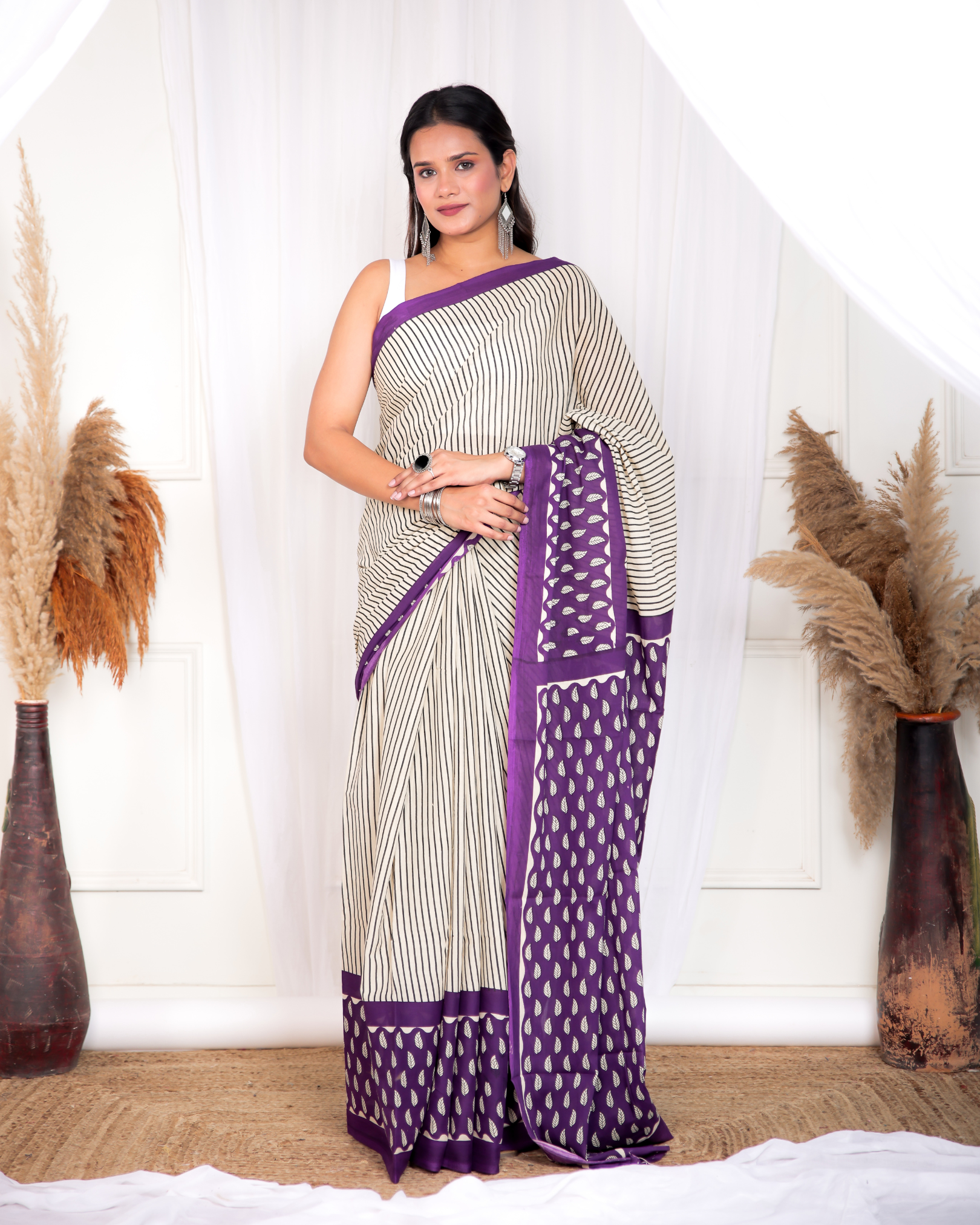 Grey Purple Striped Mulmul Saree