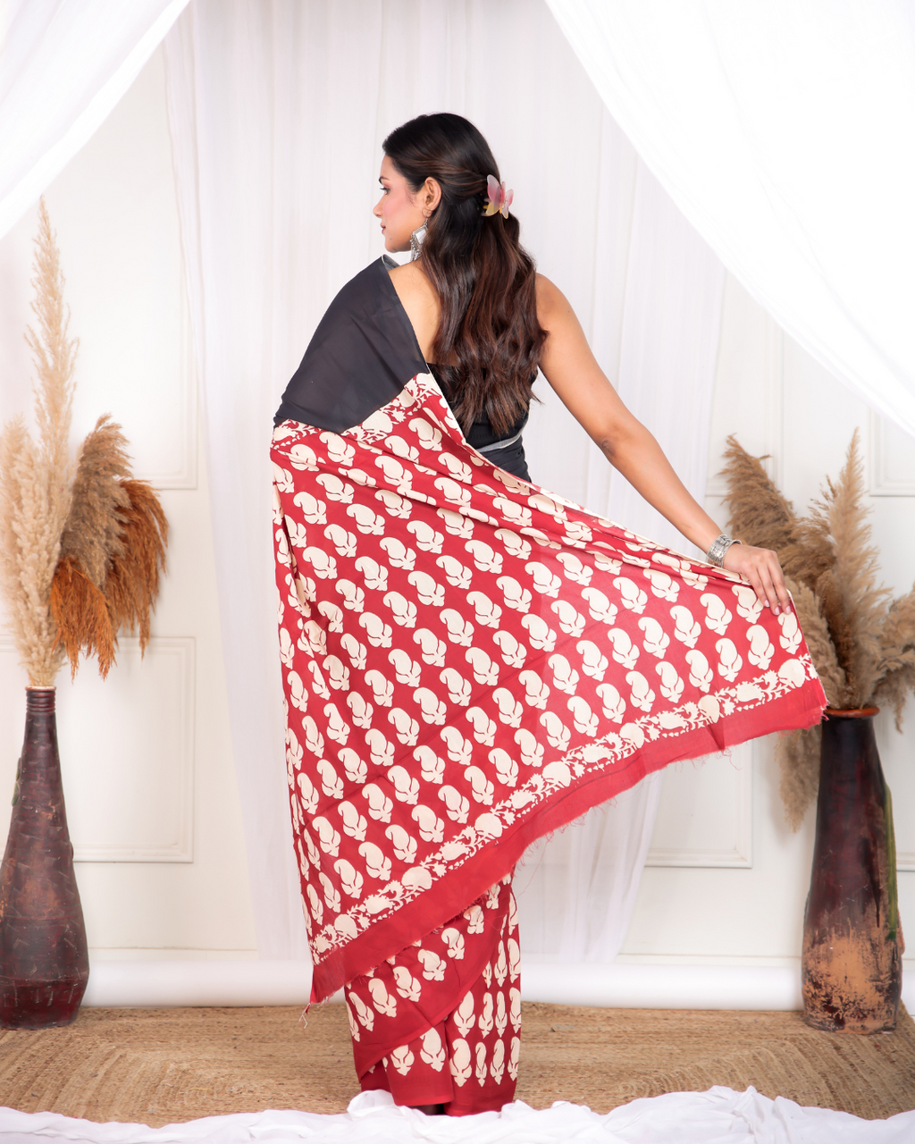 Floral Buti Blockprinted Mulmul Saree