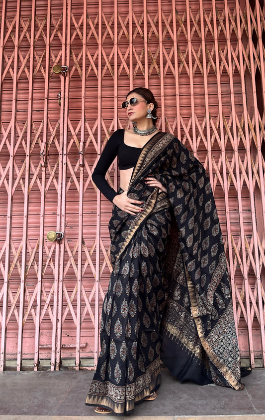 Varnika Ajrakh Noir Saree