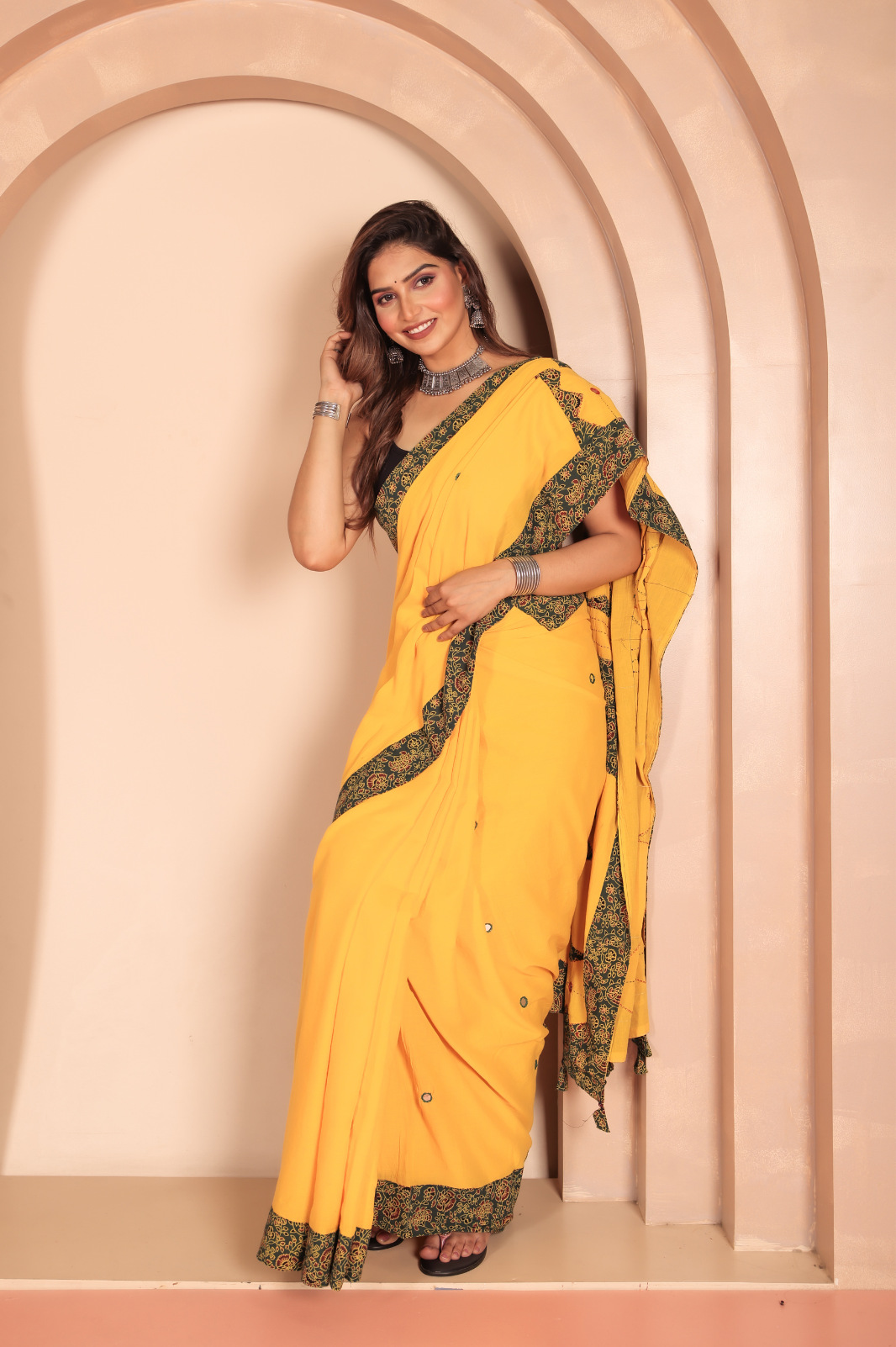 Cotton Applique work saree in yellow and black