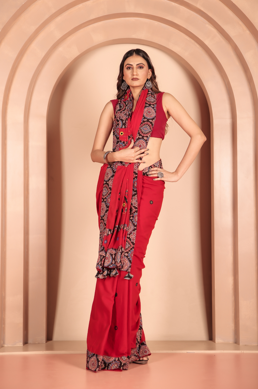 Cotton Applique work saree red