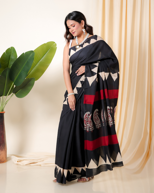 Mudran Black Screenprinted Mulmul Sarees