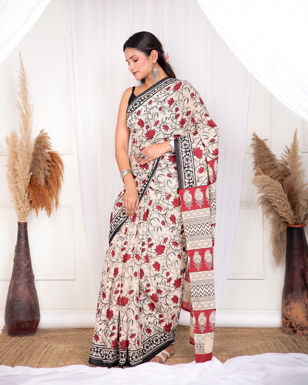 Red Petal Blockprinted Mulmul Saree
