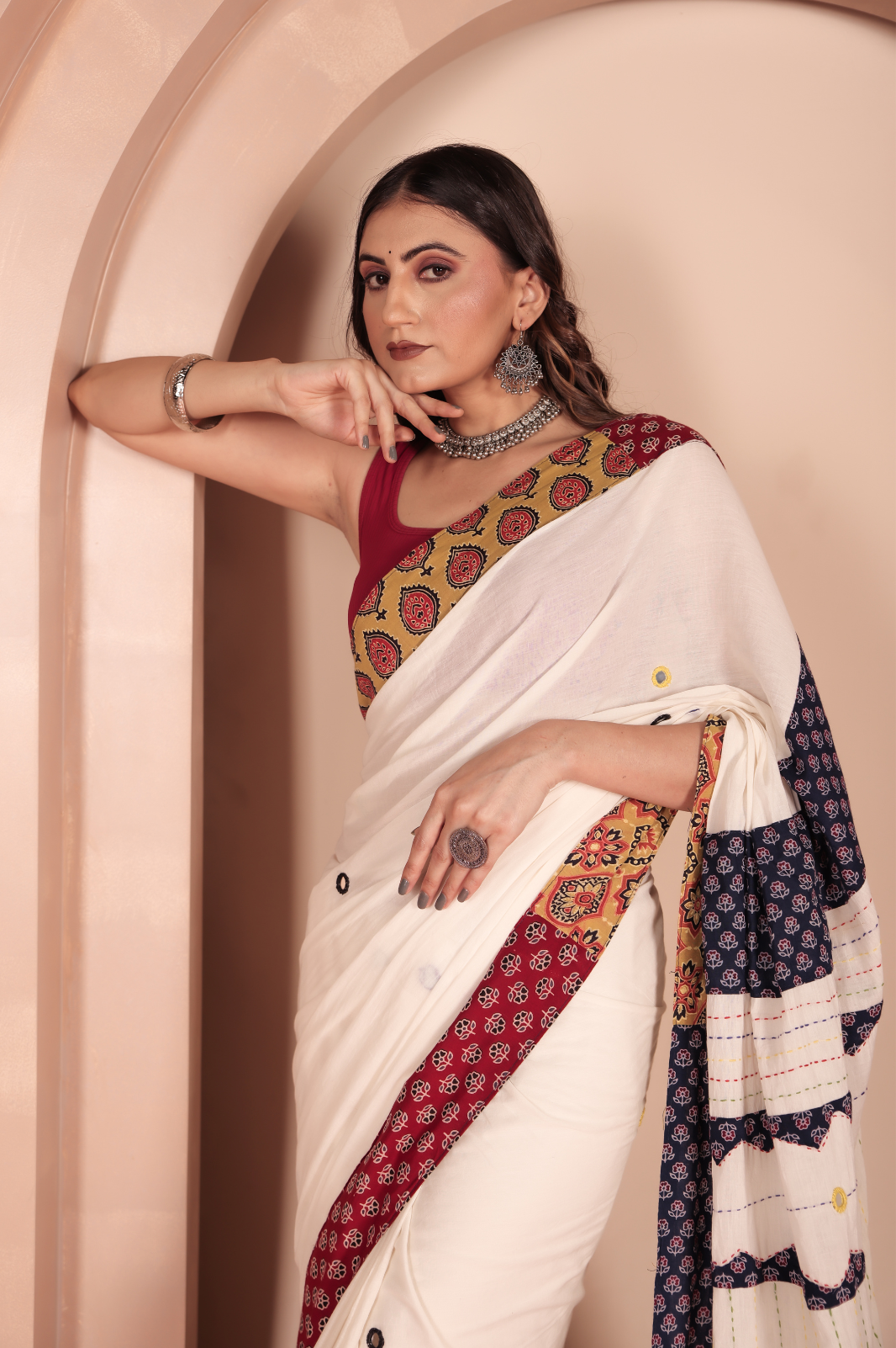 Cotton Applique work saree white