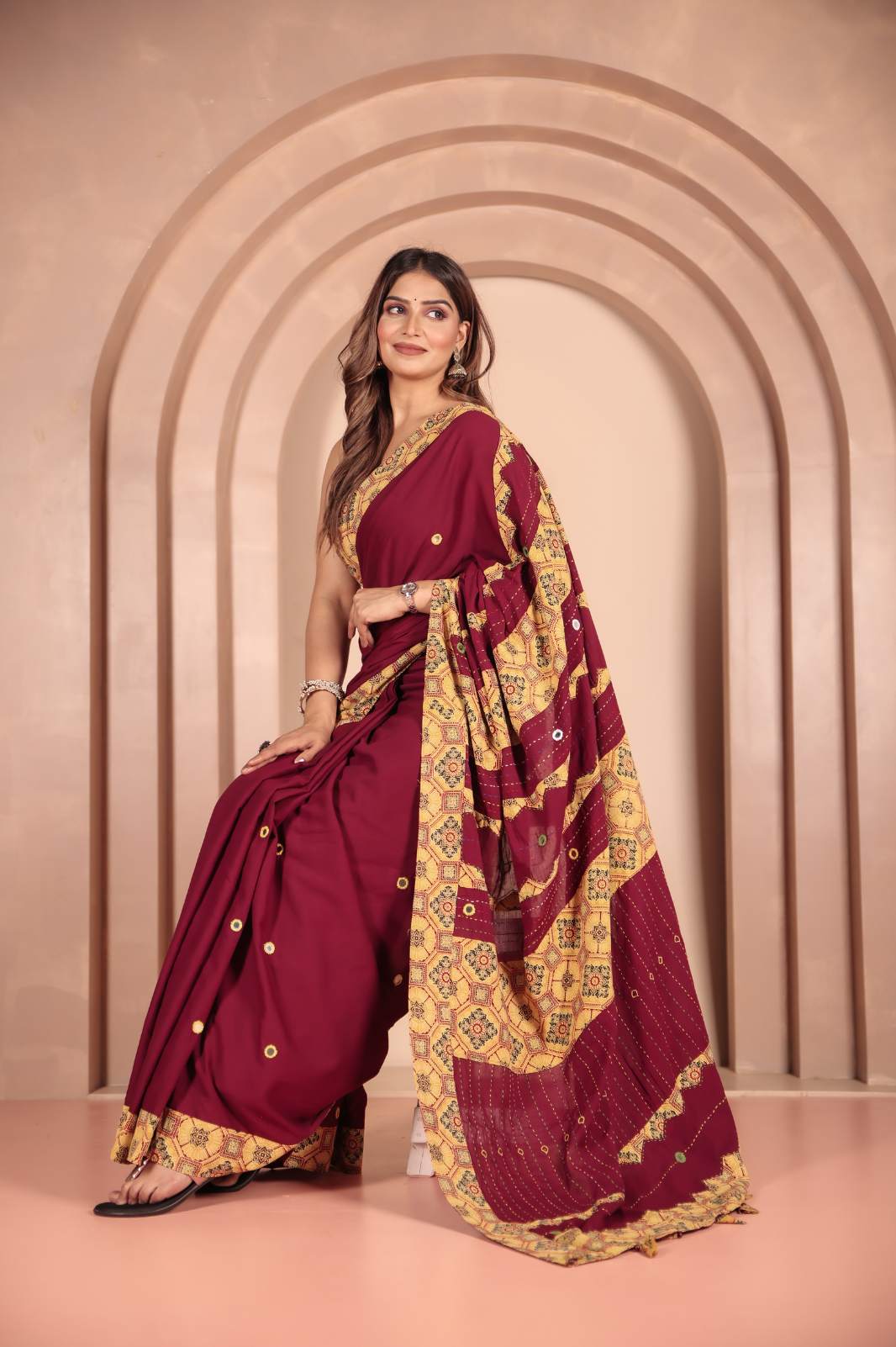 Cotton Applique work saree in Maroon Golden