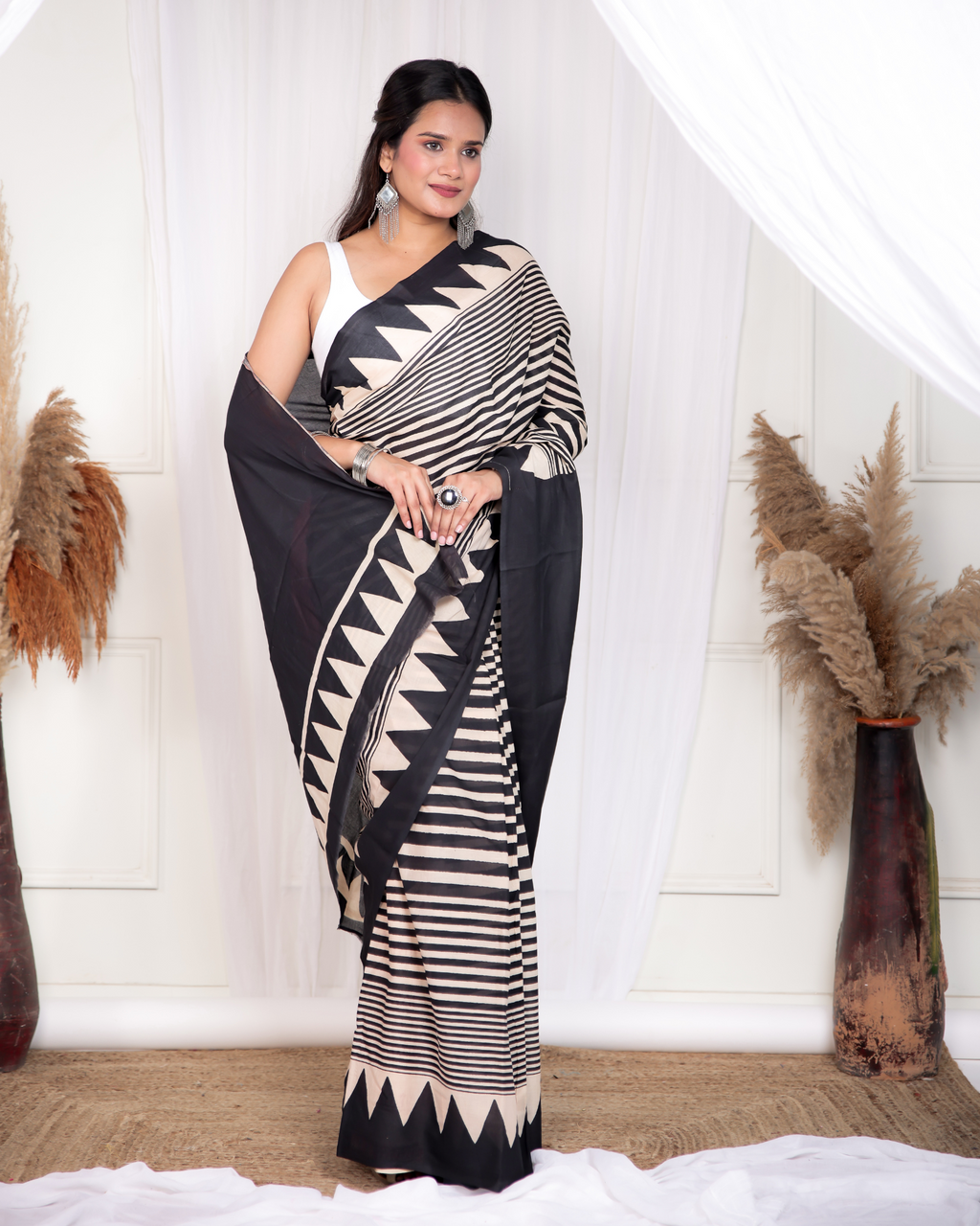 Black Striped Blockpinted Mulmul Saree