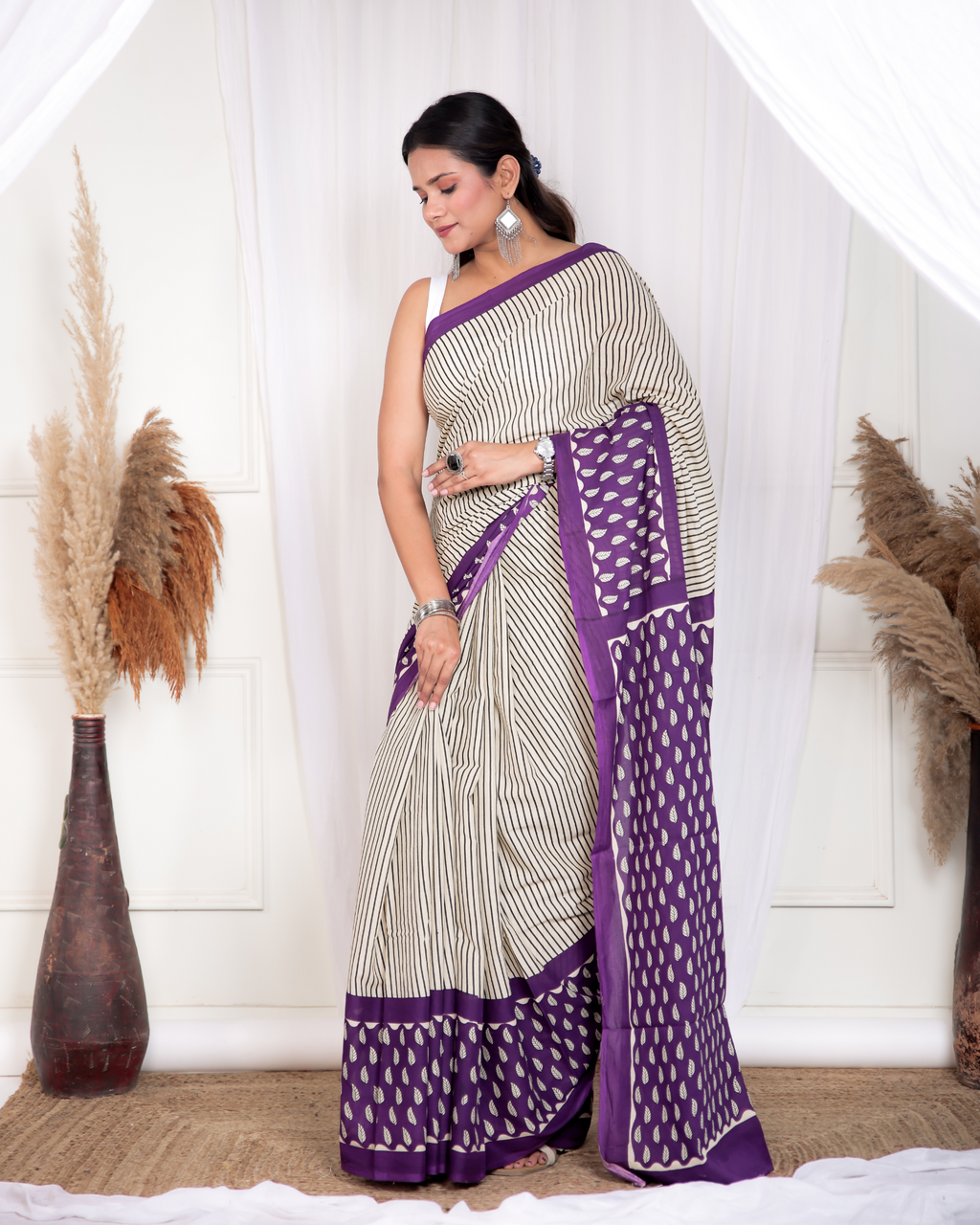 Grey Purple Striped Mulmul Saree