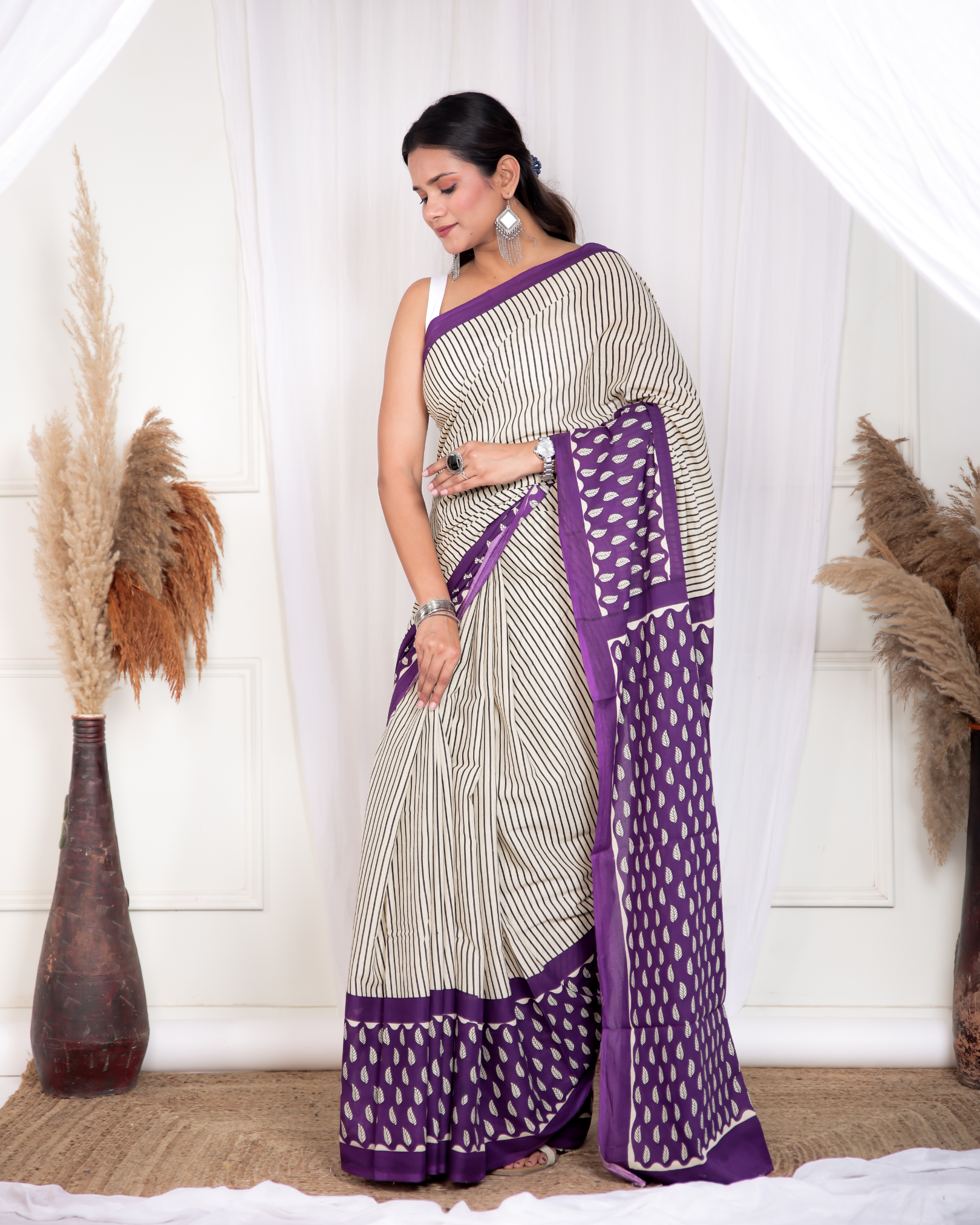 Grey Purple Striped Mulmul Saree