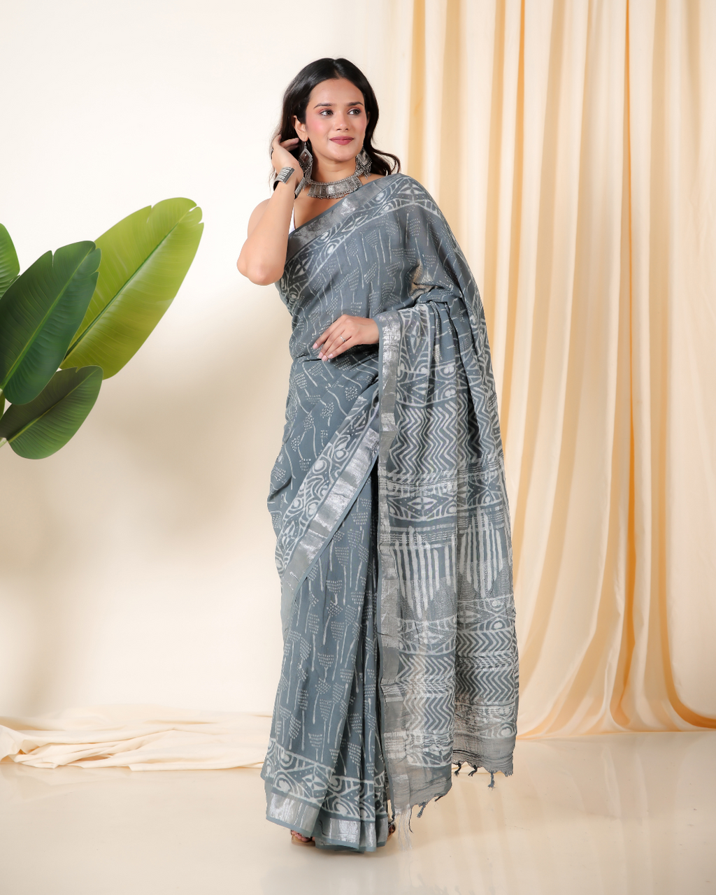 Mystic Silver Block Print Saree