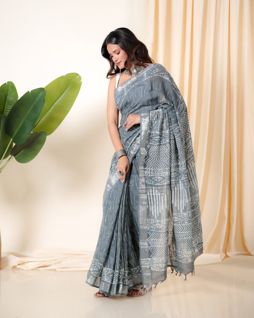 Mystic Silver Block Print Saree