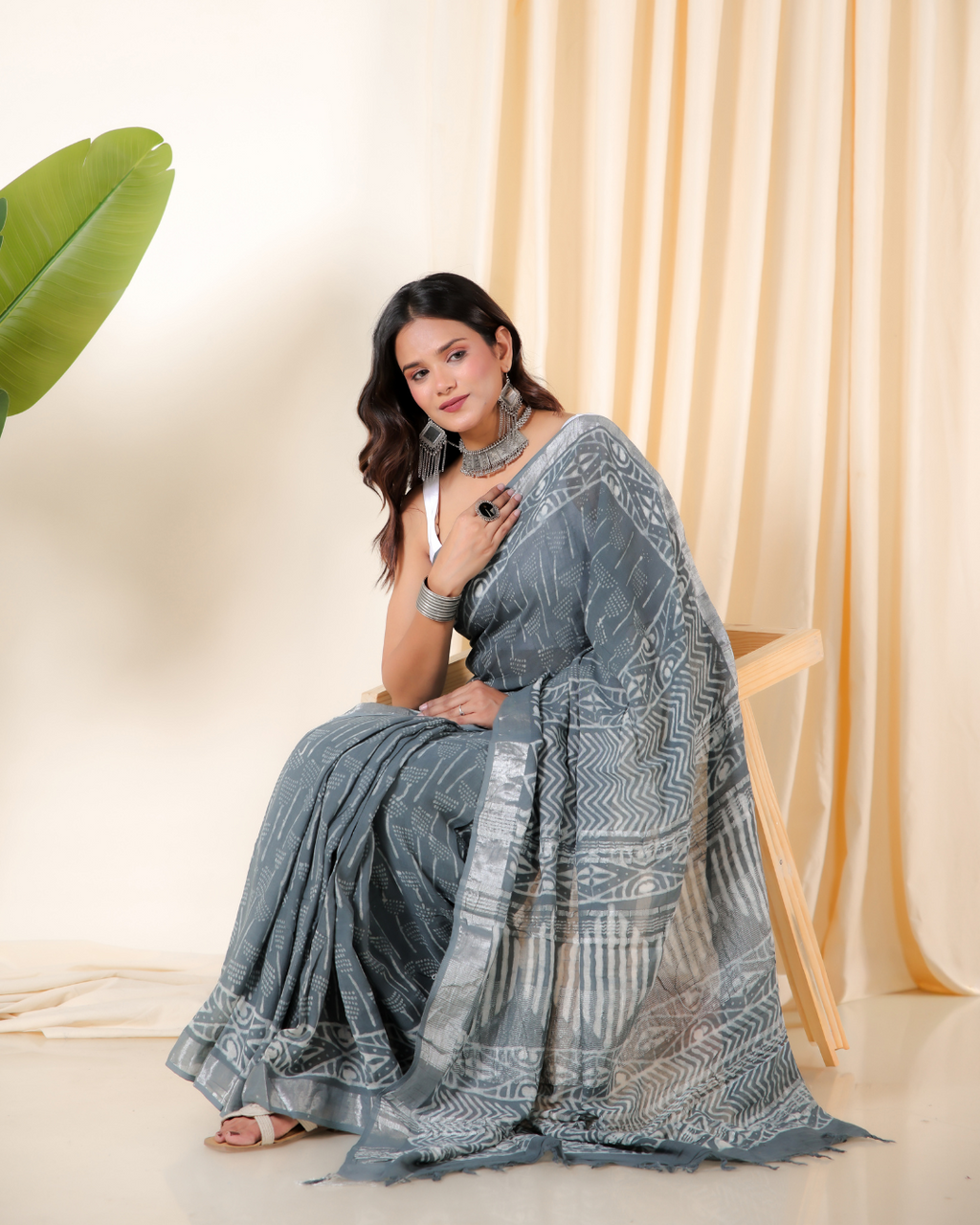 Mystic Silver Block Print Saree