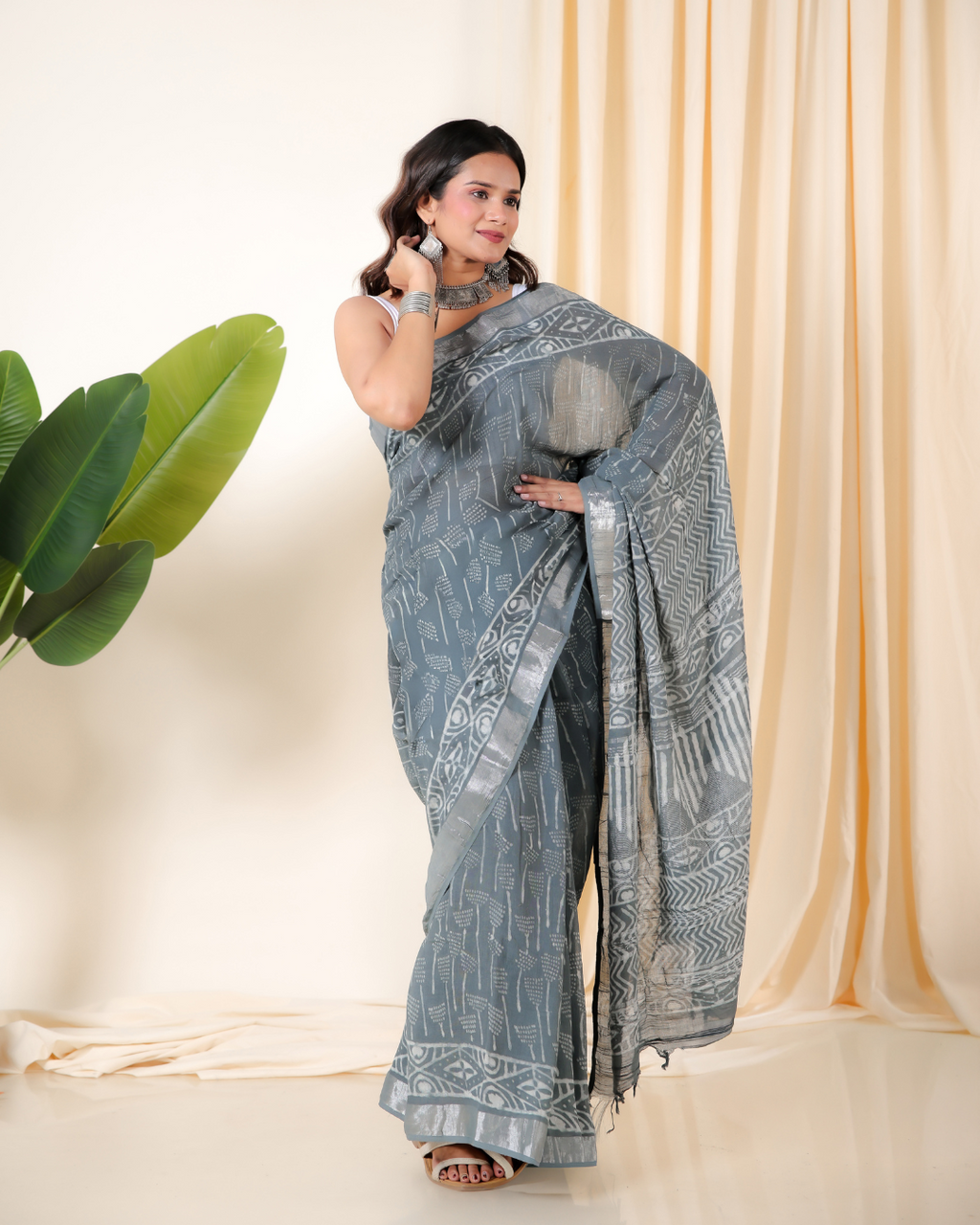Mystic Silver Block Print Saree