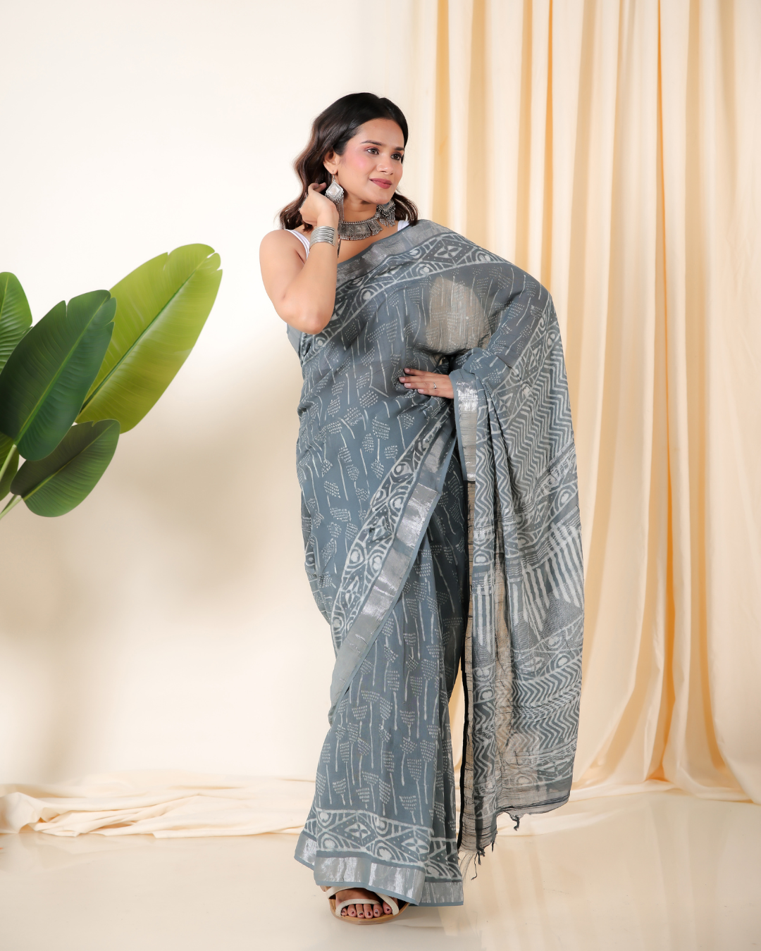 Mystic Silver Block Print Saree