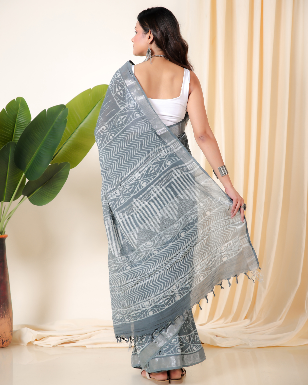 Mystic Silver Block Print Saree