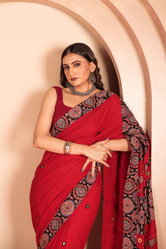 Cotton Applique work saree red