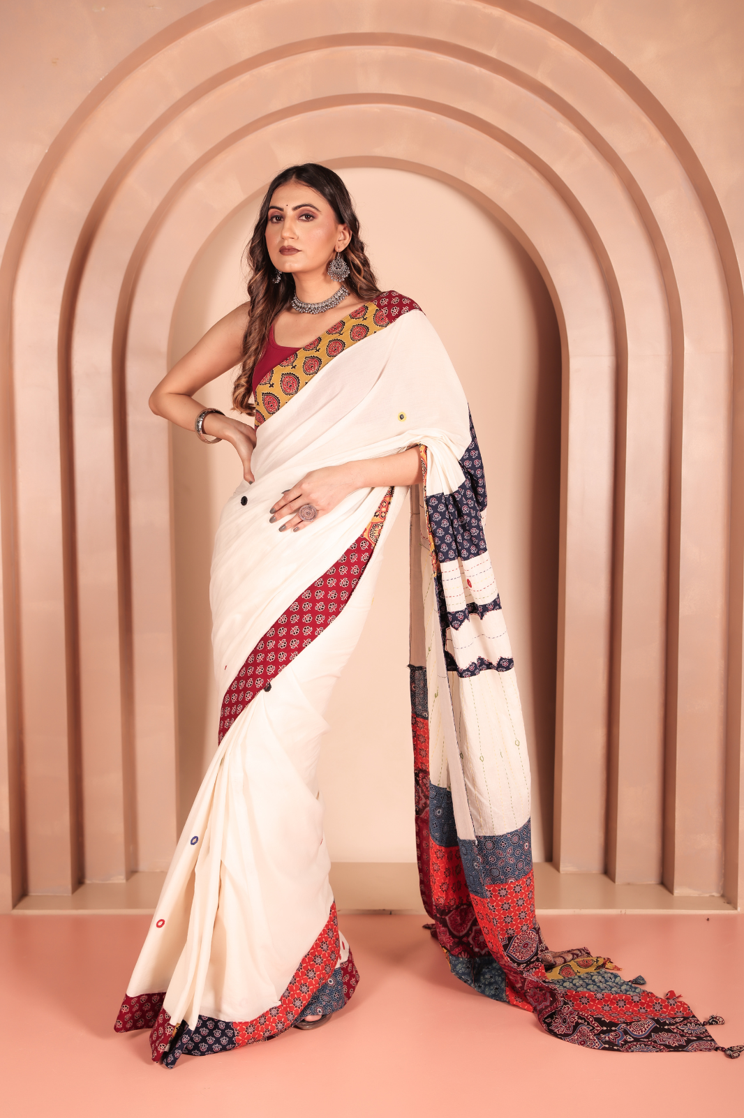 Cotton Applique work saree white